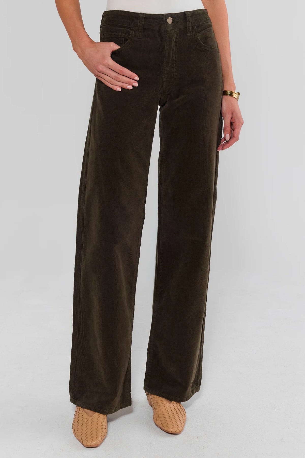 Olive Corduroy Wide-Leg Pants - Front Close-Up On Model | Avara