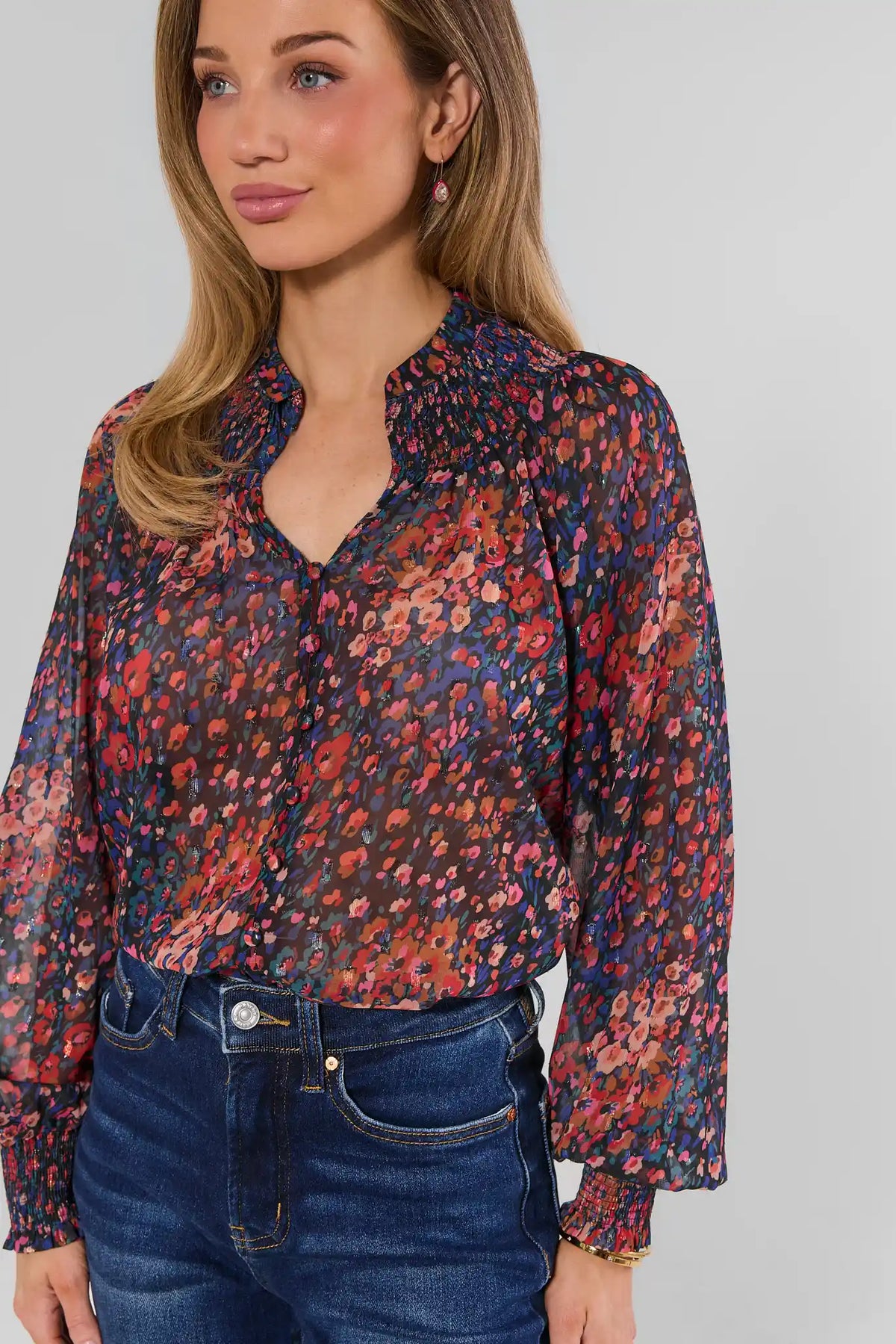 Multi Floral Smocked Collar Button-Up Top - Close-Up Detail On Model | Avara