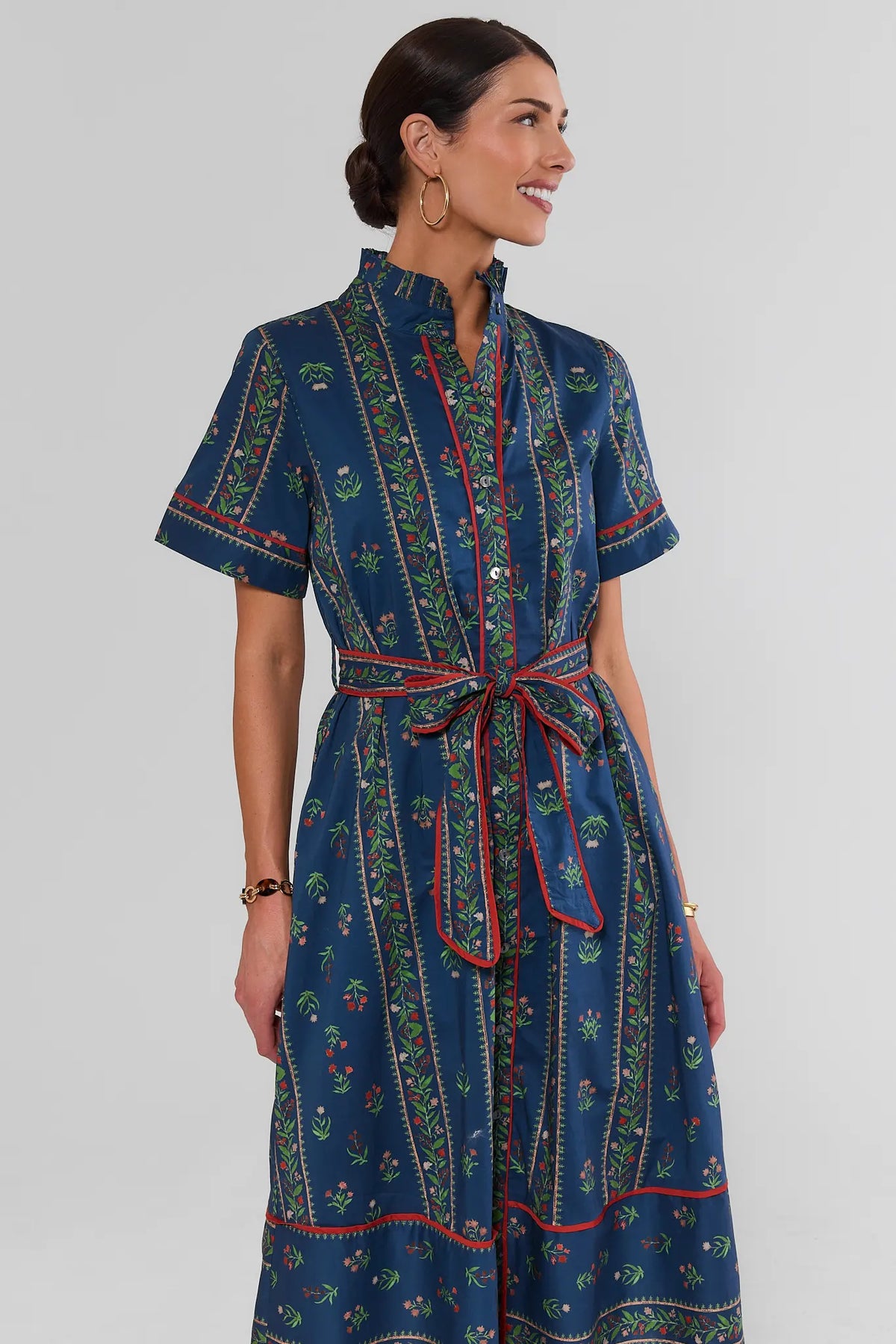 Navy Floral Midi Dress - Three-Quarter Front View On Model | Avara