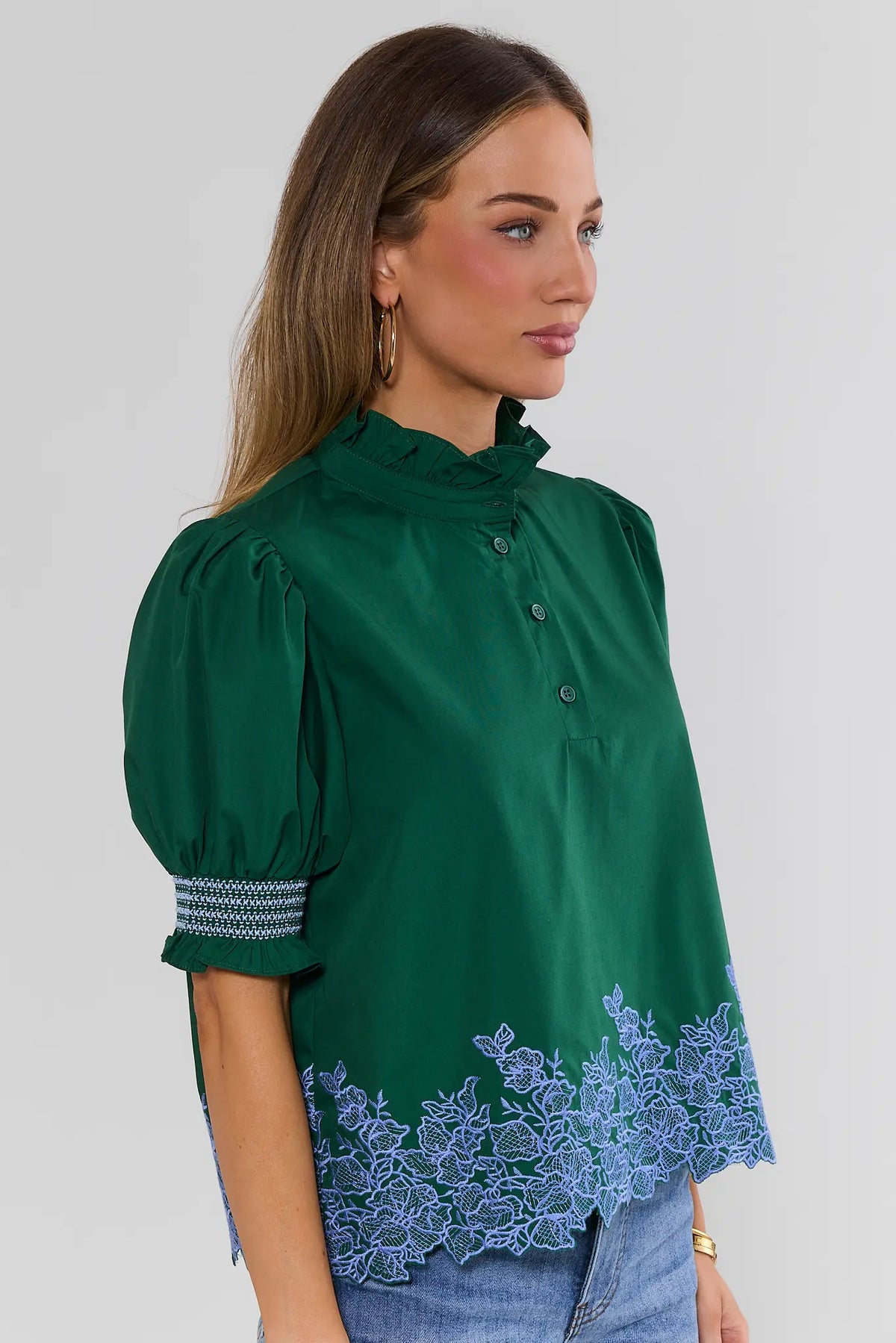 Green Embroidered Puff Sleeve Top - Side Profile On Model | Avara