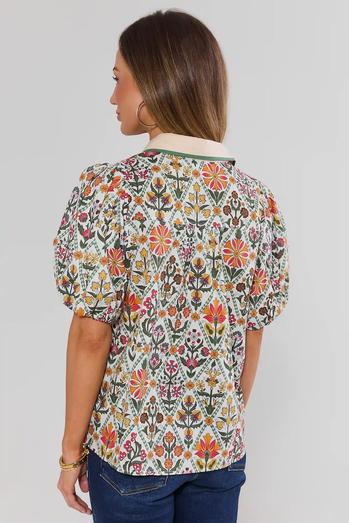 Lucinda White Floral Printed Top Puff Sleeve - Back View On Model | Avara