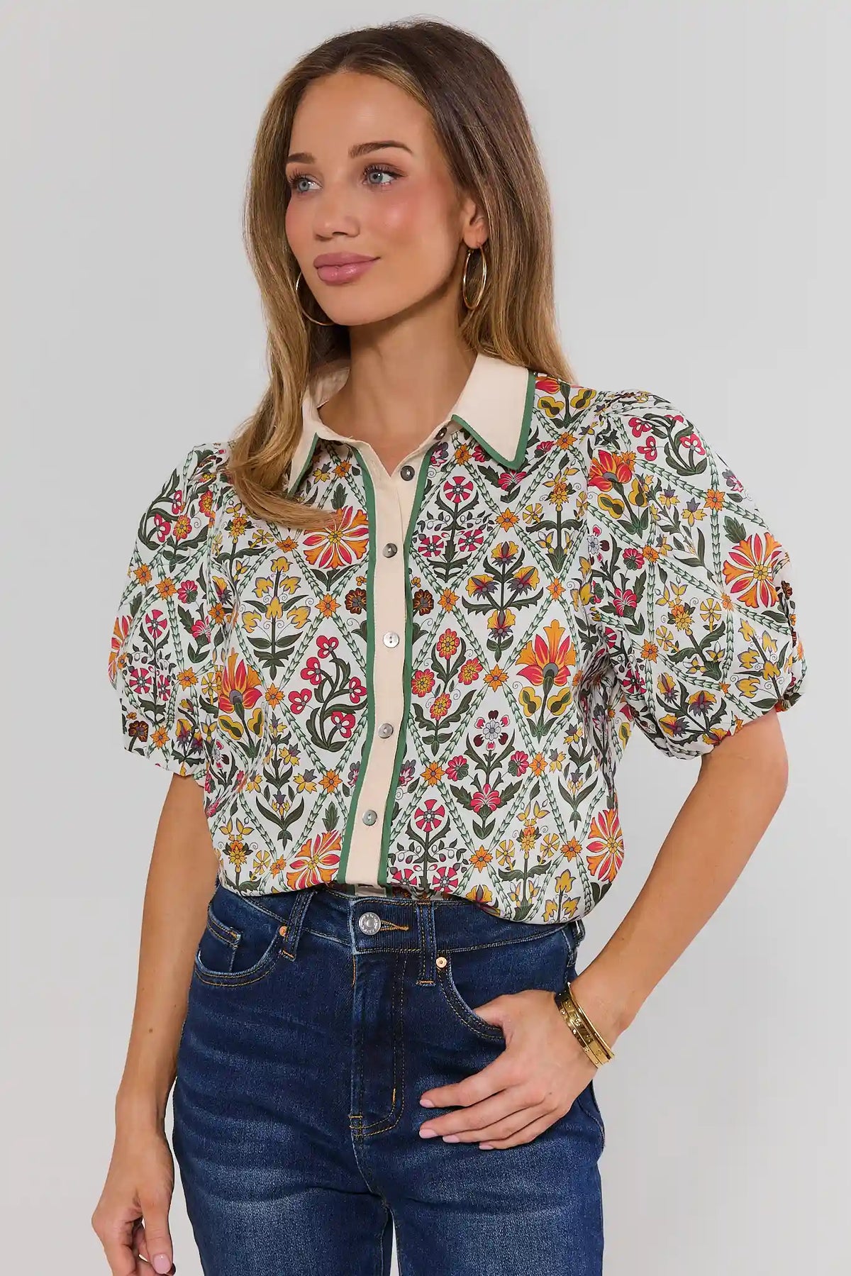 Lucinda White Floral Printed Top with Puff Sleeves - Front View On Model | Avara