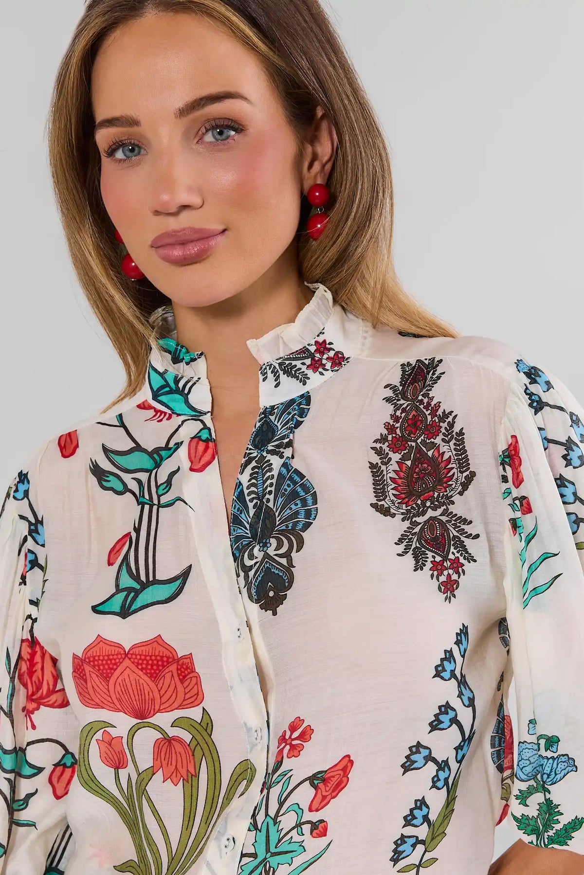 White Floral Top Ruffle Collar & Botanical Print Close-Up Detail | Avara