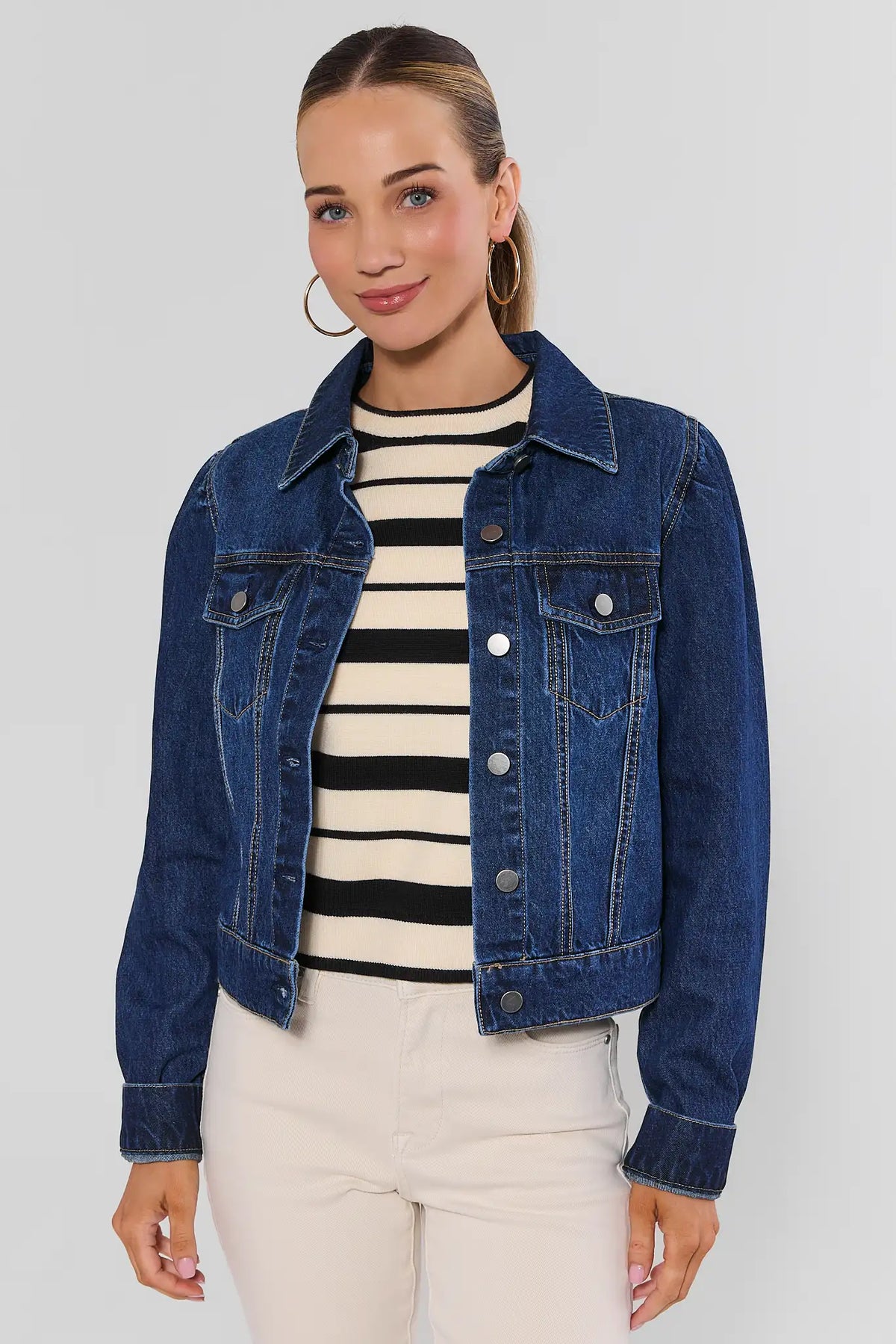 Roxanna Dark Wash Cotton Denim Jacket - Front View On Model, Open Over Striped Top | Avara