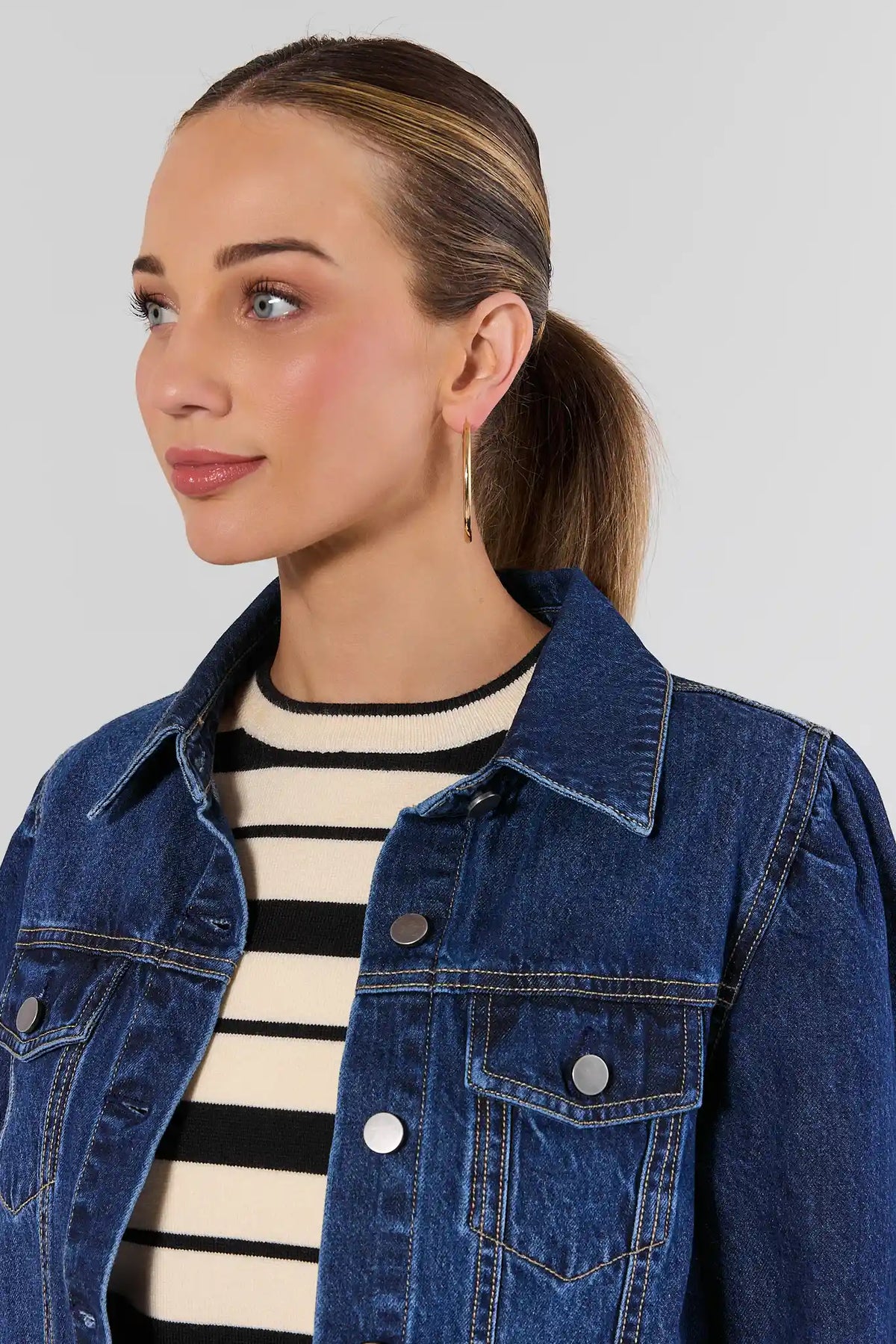 Roxanna Dark Wash Denim Jacket - Collar & Button Detail Close-Up, Women's Jean Jacket | Avara