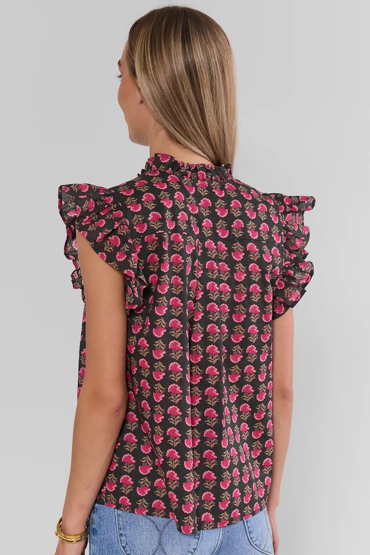 Brown Floral Print Button-Up Top Flutter Sleeves - Back View On Model | Avara