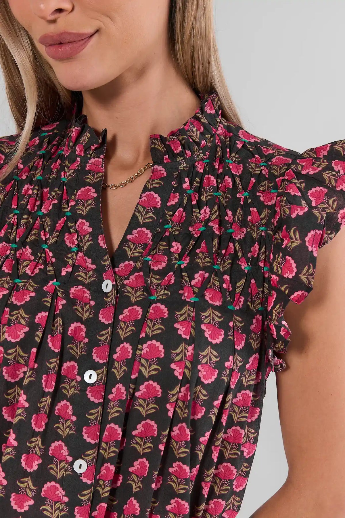 THML Brown Floral Cotton Top - Ruffle Neckline & Flutter Sleeve Close-Up Detail | Avara