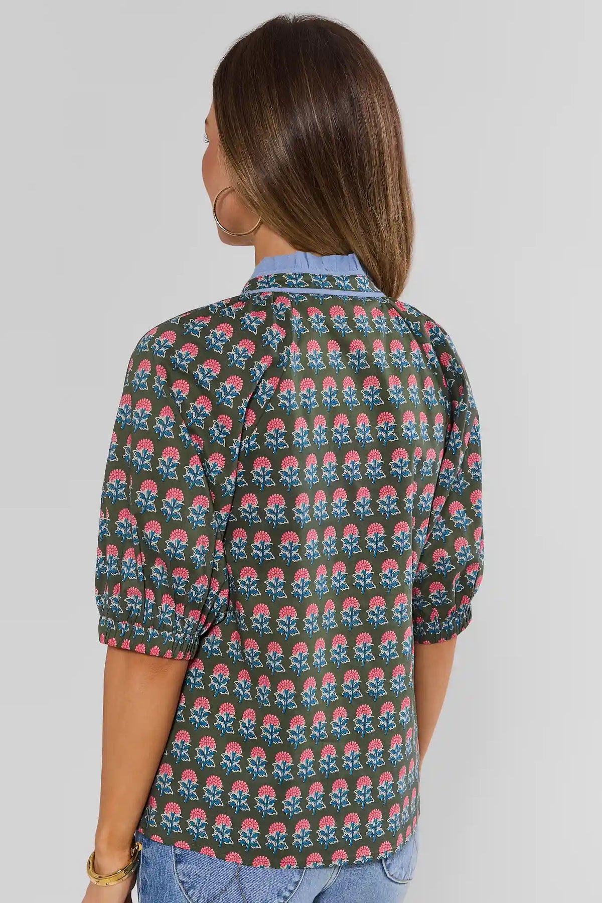 THML Liv Green Floral Print Top - Back View with Elbow-Length Puff Sleeves & Blue Collar | Avara