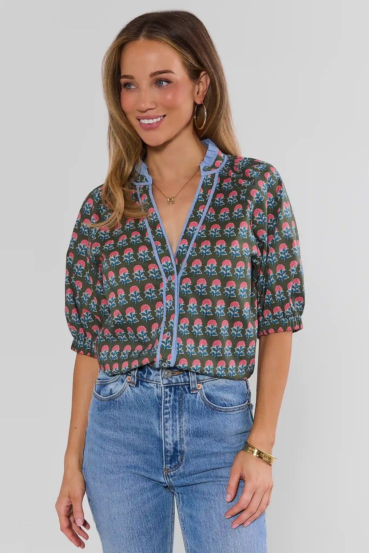 THML Liv Green Floral Print Cotton Top - Front View On Model Styled with Jeans | Avara