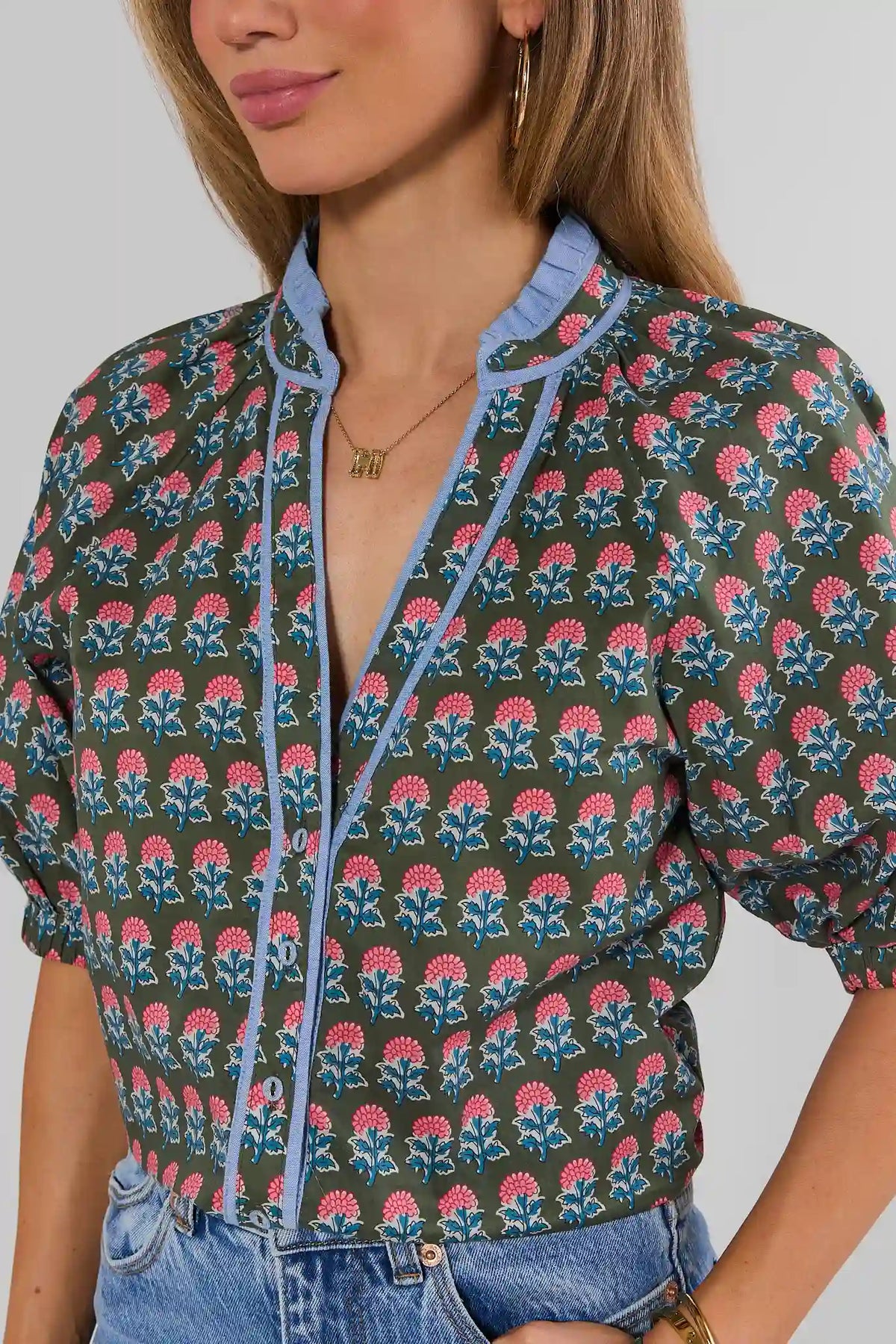 THML Liv Green Floral Blouse - Close-Up of Blue Ruffle Collar & Button Placket Detail | Avara