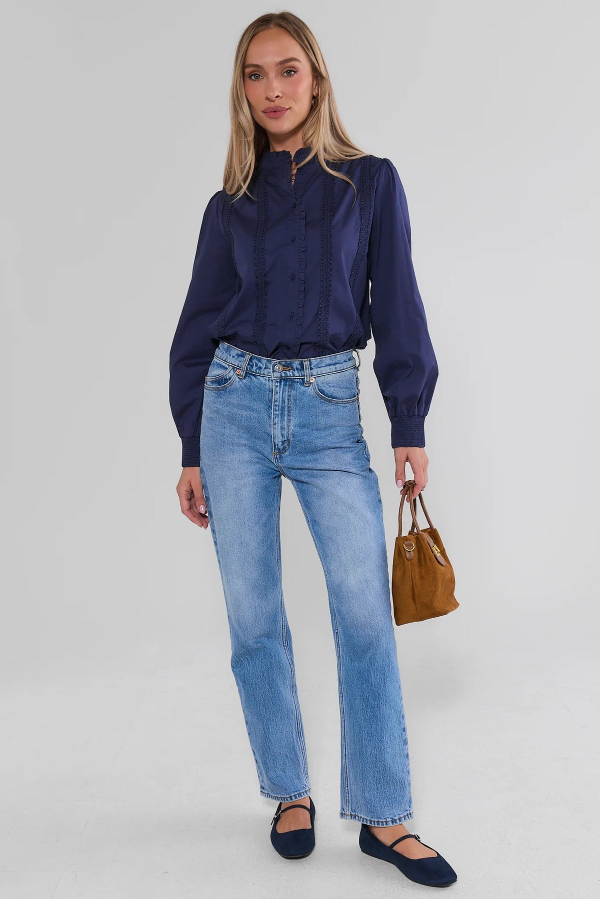 Navy Cotton Button-Up Top Styled with Jeans and Suede Bag - Full Length | Avara