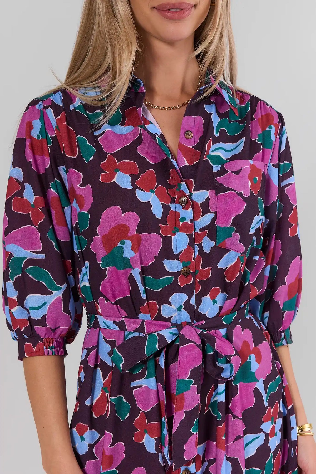 Serena Multi Floral Maxi Dress - Button-Front & Belted Waist Close-Up, Smocked Cuff Detail | Avara