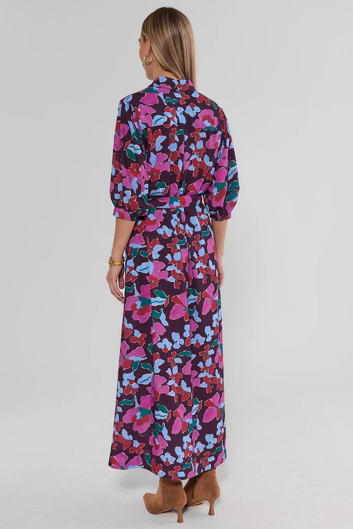 Serena Multi Printed Modest Maxi Dress - Full-Length Back View, Belted Waist & Fluid Skirt | Avara