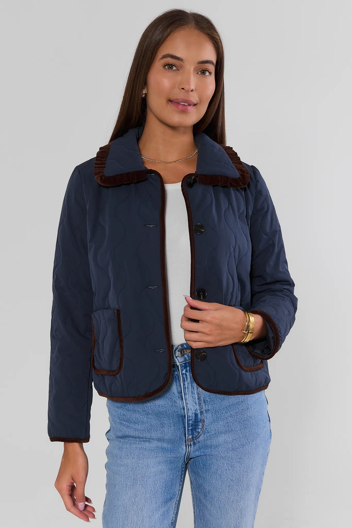 Navy Quilted Button Up Jacket - Front View On Model with Jeans | Avara