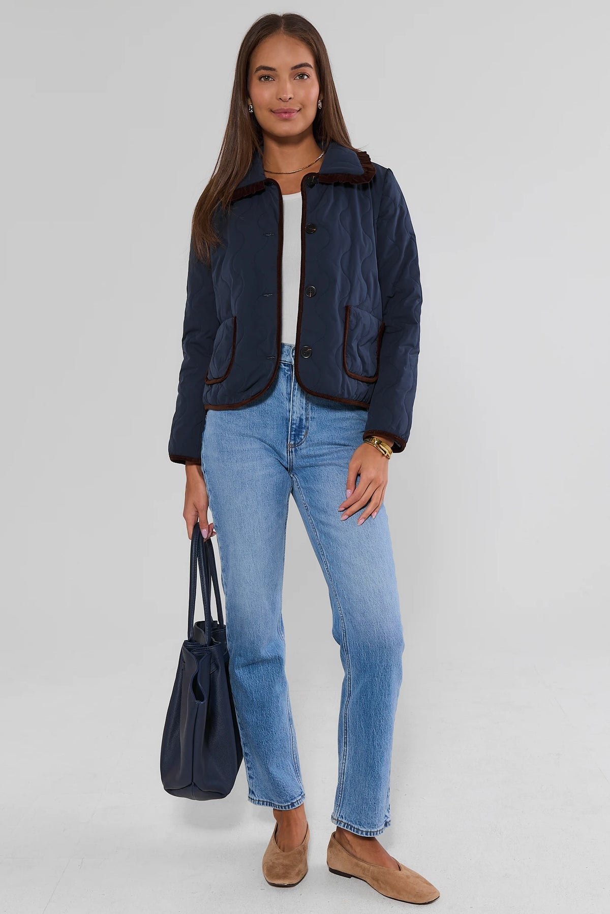 Navy Quilted Button Up Jacket - Full Length Styled Look with Tote | Avara