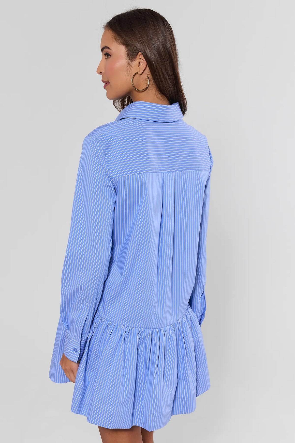 Corey Blue Stripe Short Dress - Back View Showing Pleat Detail | Avara