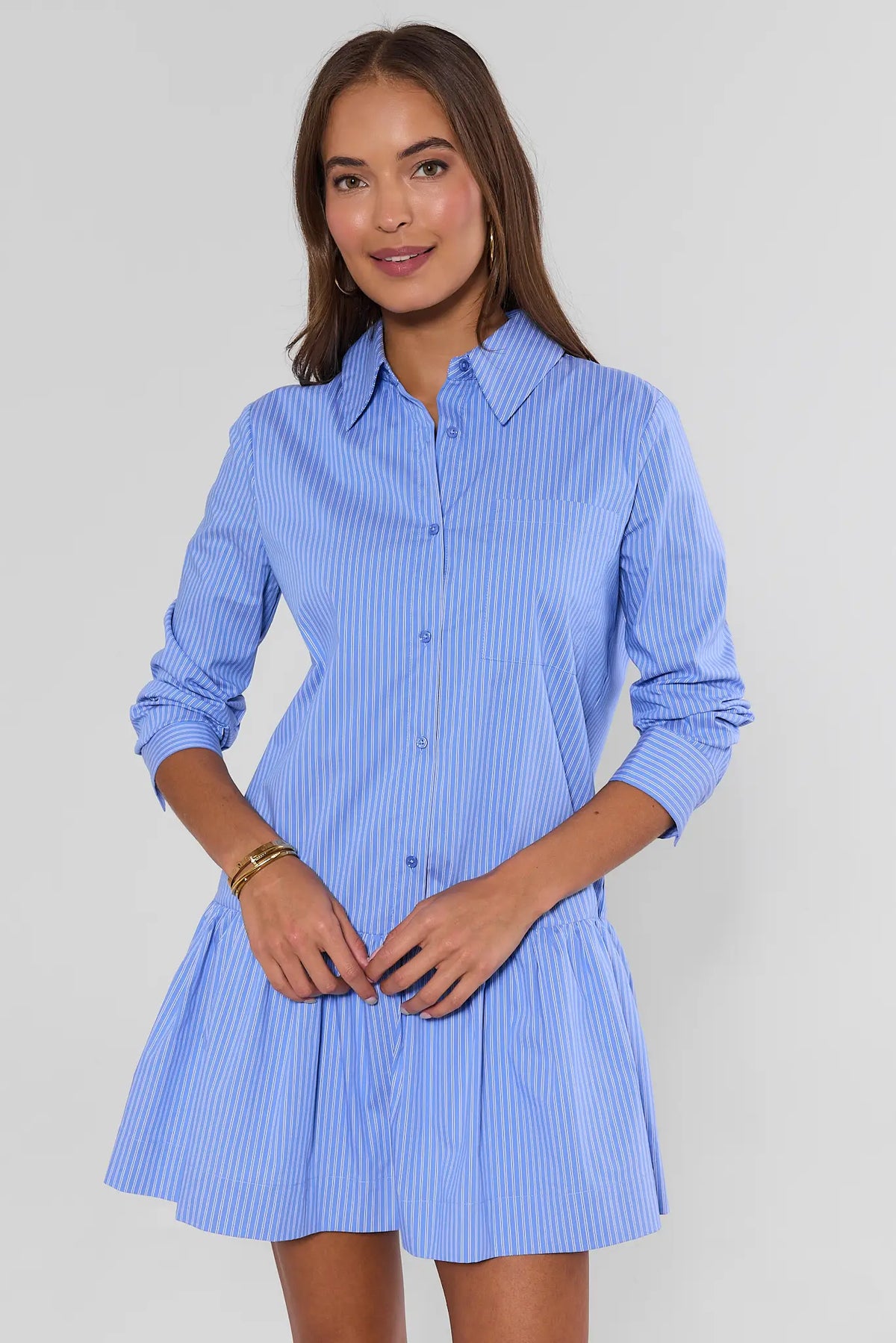 Corey Blue Stripe Drop Waist Short Dress - Full Front View On Model | Avara