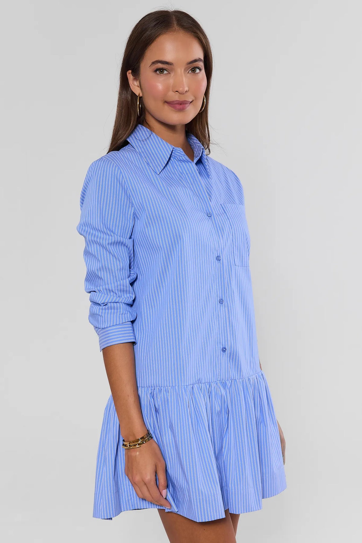 Blue Stripe Cotton Shirtdress - Side Profile View, Ruffle Drop Waist | Avara