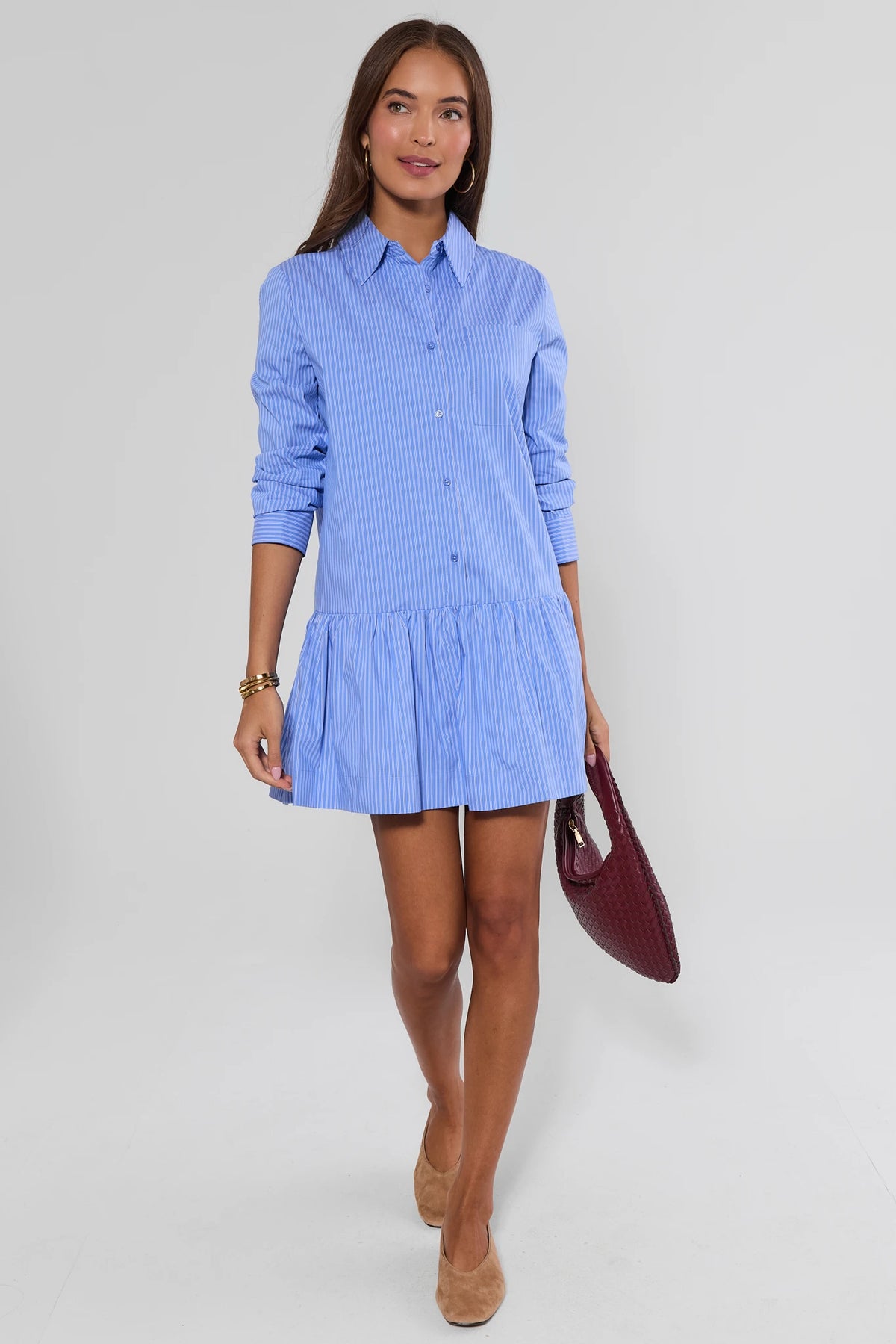 Blue Striped Short Dress with Drop Waist Ruffle Hem - 3/4 Side View | Avara