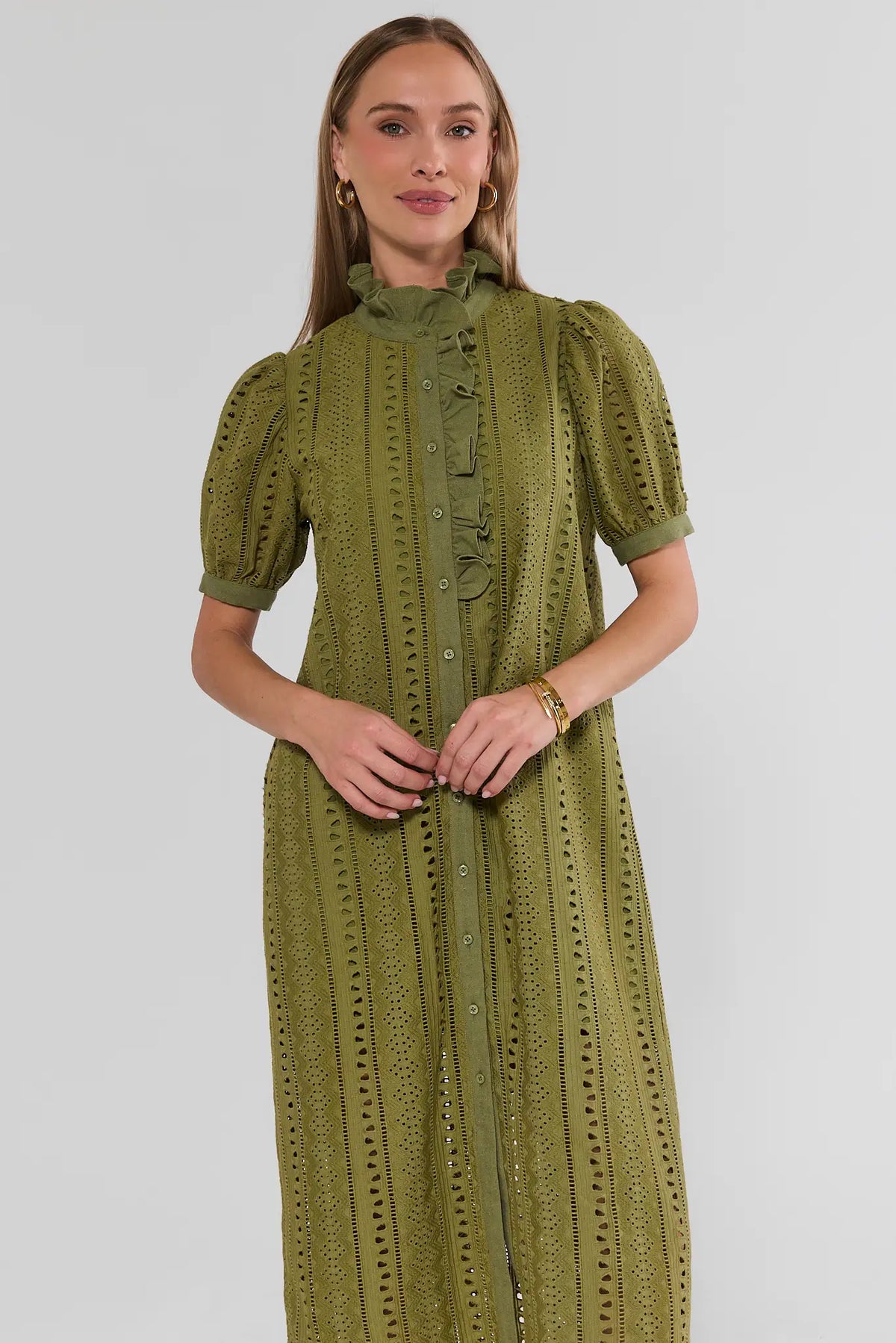 Olive Green Cotton Eyelet Button-Up Midi Dress - Front View On Model | Avara