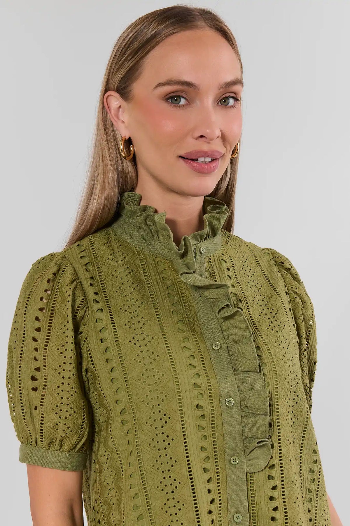 Olive Green Eyelet Midi Dress - Ruffle Neckline & Button Front Close-Up | Avara