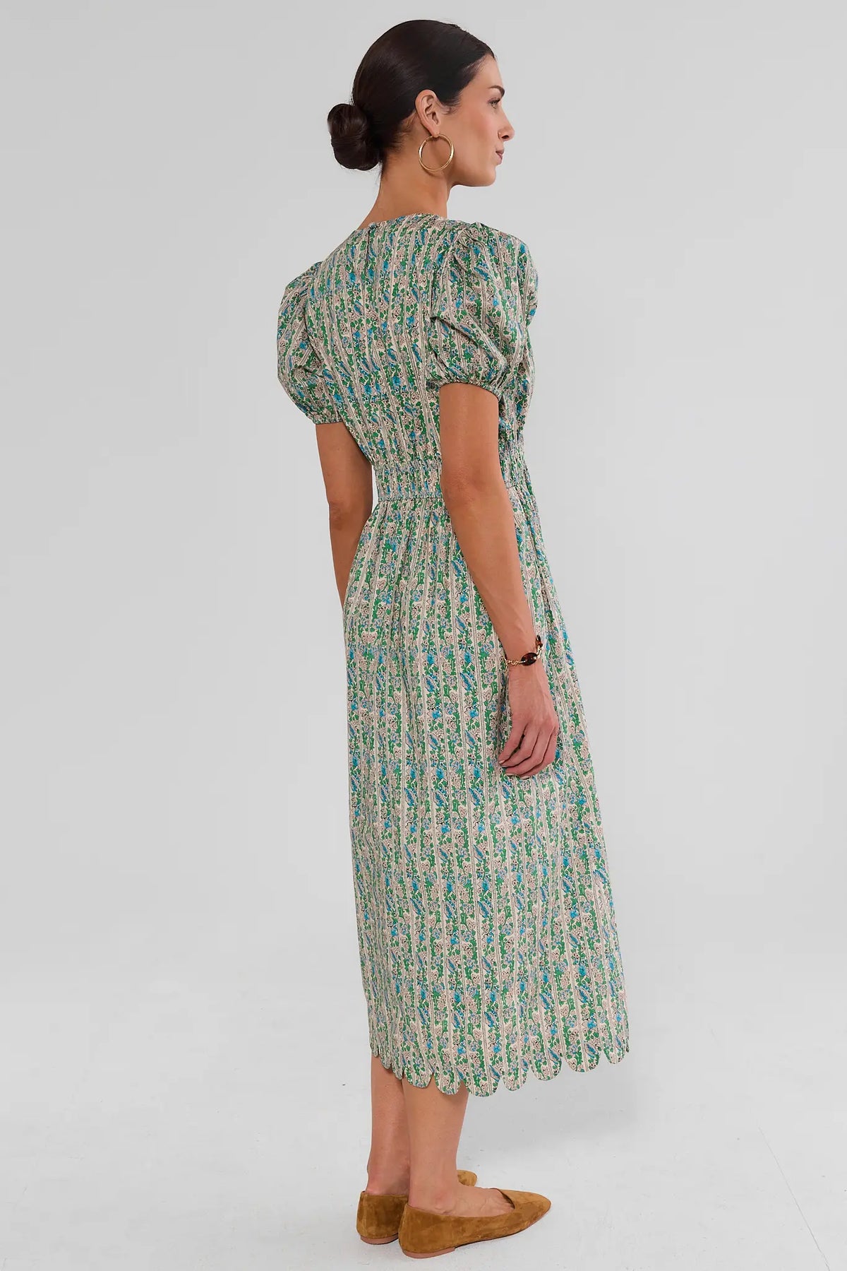 Green Floral Cotton Midi Dress - Back View, Scalloped Hem & Puff Sleeves | Avara