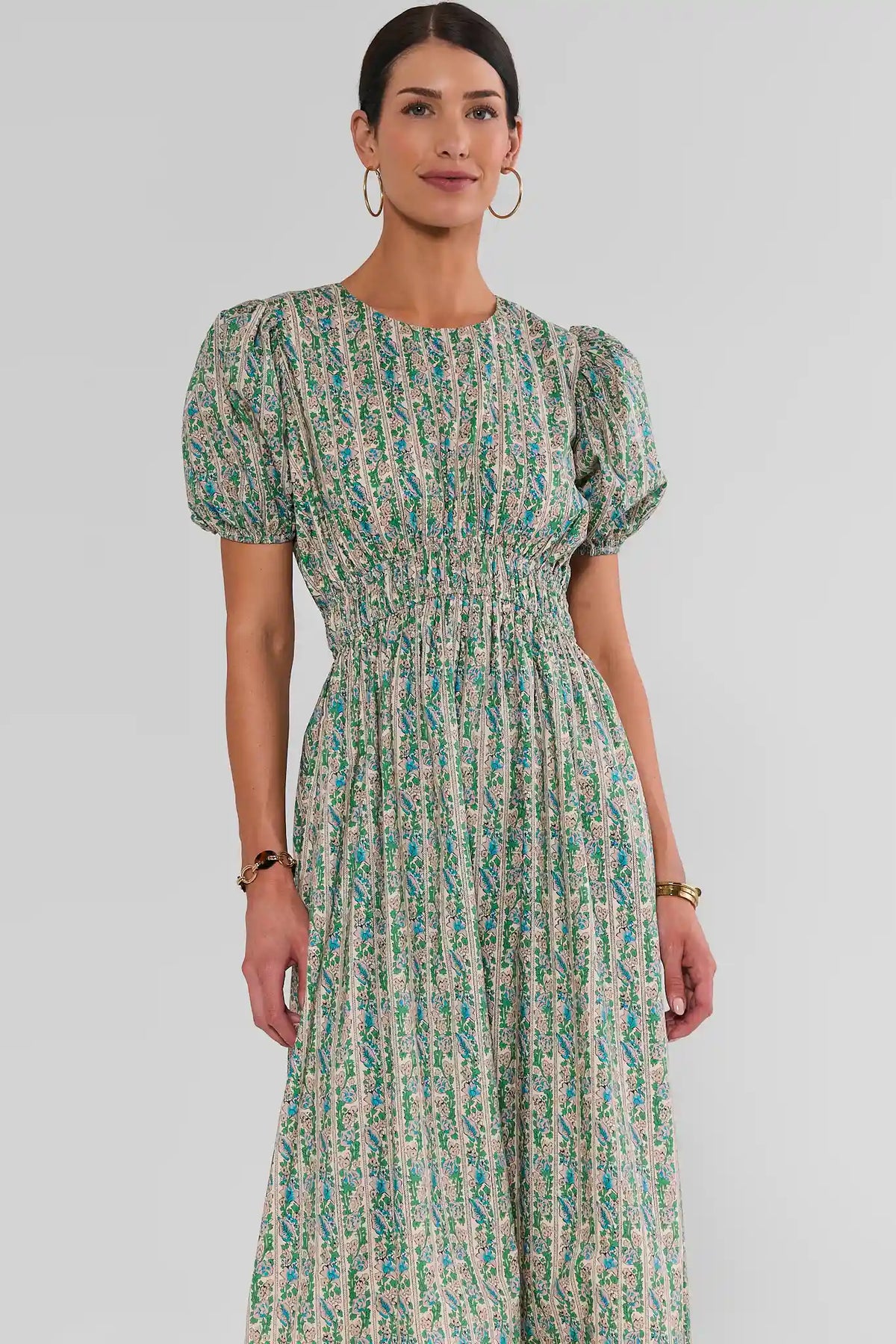 Green Floral Cotton Midi Dress - Front Close-Up, Puff Sleeves & Smocked Waist | Avara