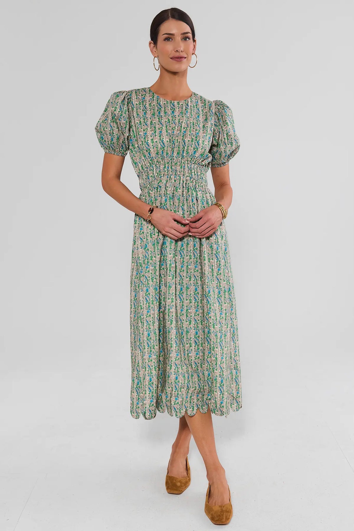 Green Floral Modest Midi Dress - Full Length Front View, Scalloped Hem Detail | Avara
