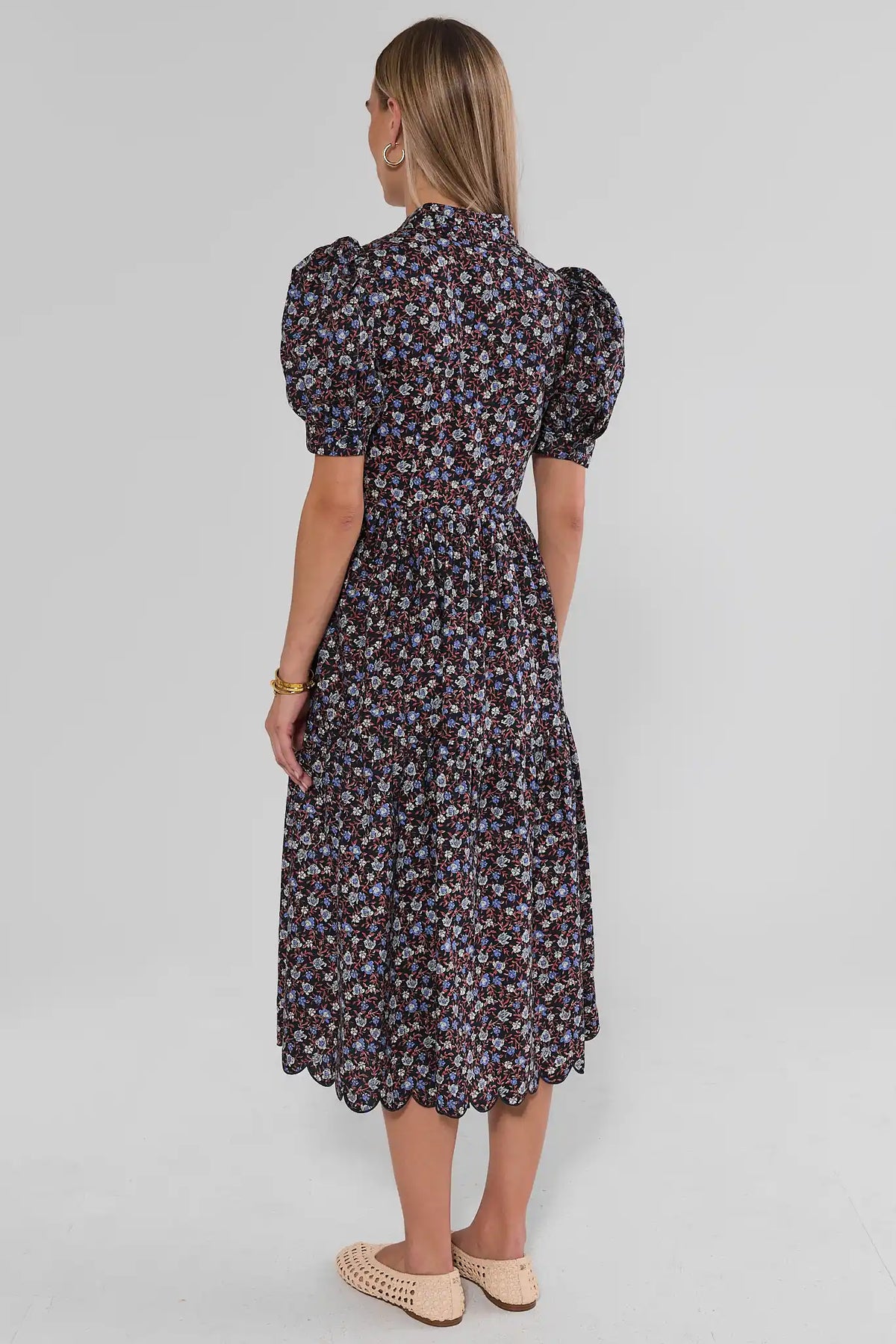 Blue Floral Tiered Midi Dress - Back View, Modest Coverage & Puff Sleeves | Avara