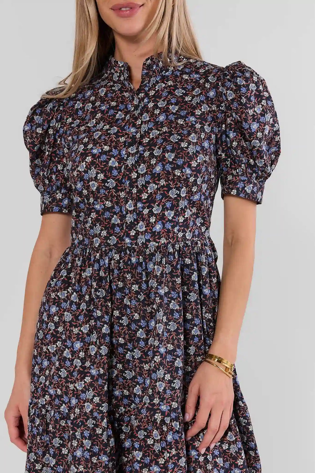 Blue Floral Cotton Midi Dress - Bodice Detail, Puff Sleeves & Button Placket | Avara