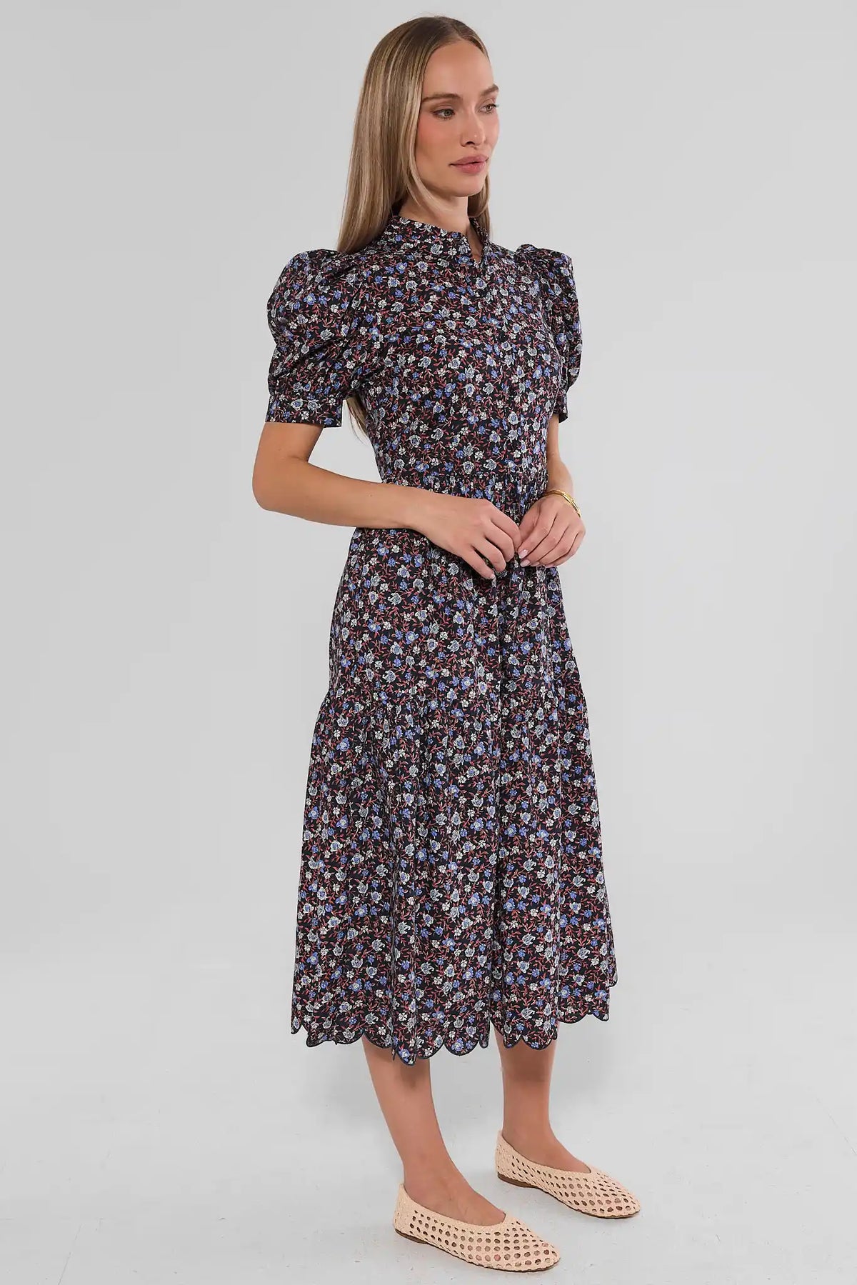Blue Floral Tiered Midi Dress - Side Profile, Flowy Tiered Skirt & Scallop Hem | Avara