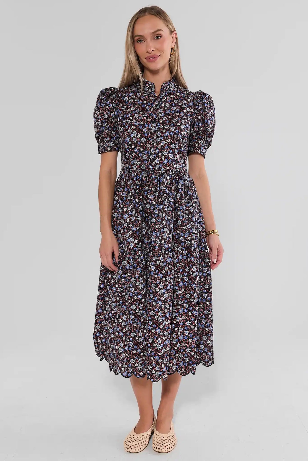 Blue Floral Tiered Midi Dress - Full Front View, Scallop Hem & Modest Silhouette | Avara