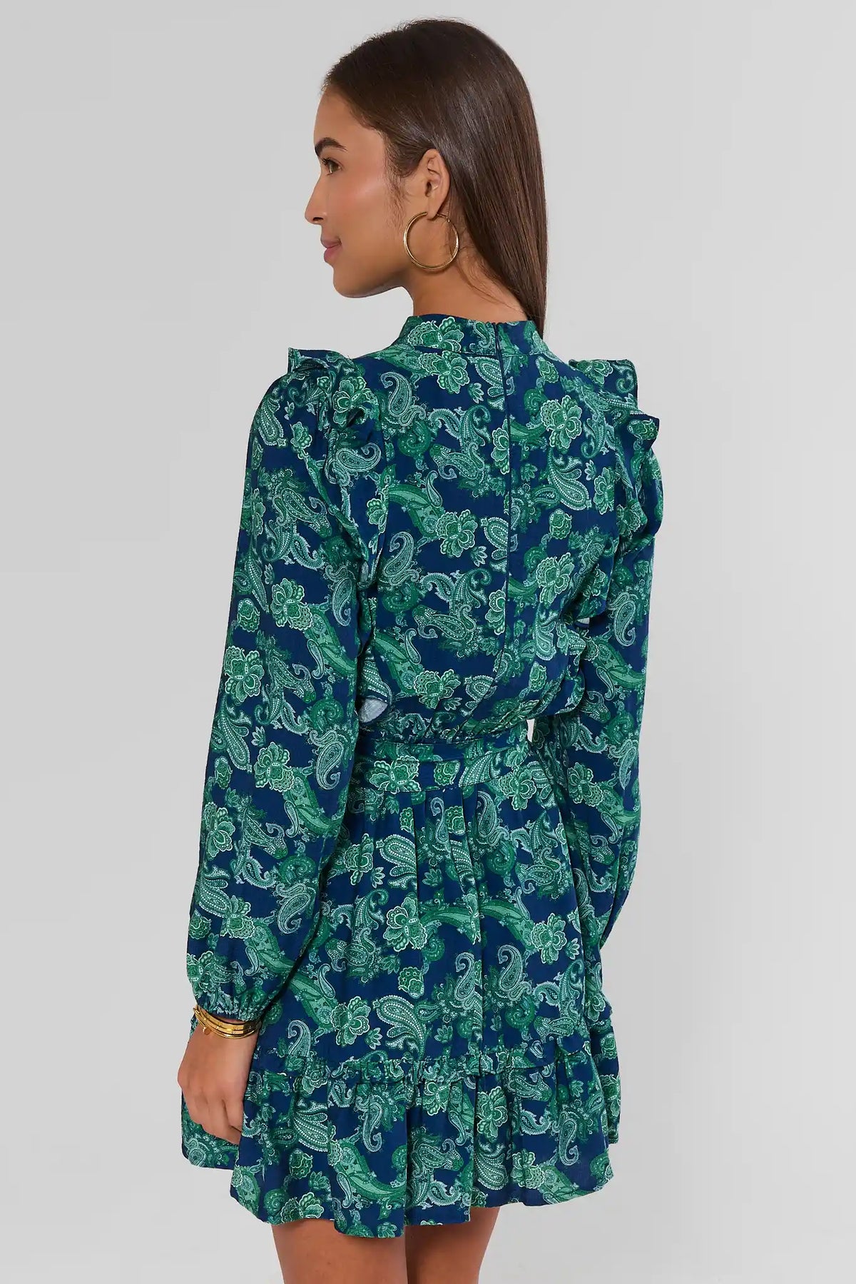 Blue Paisley Ruffle Short Dress - Back View Showing Tiered Hem & Long Sleeves | Avara