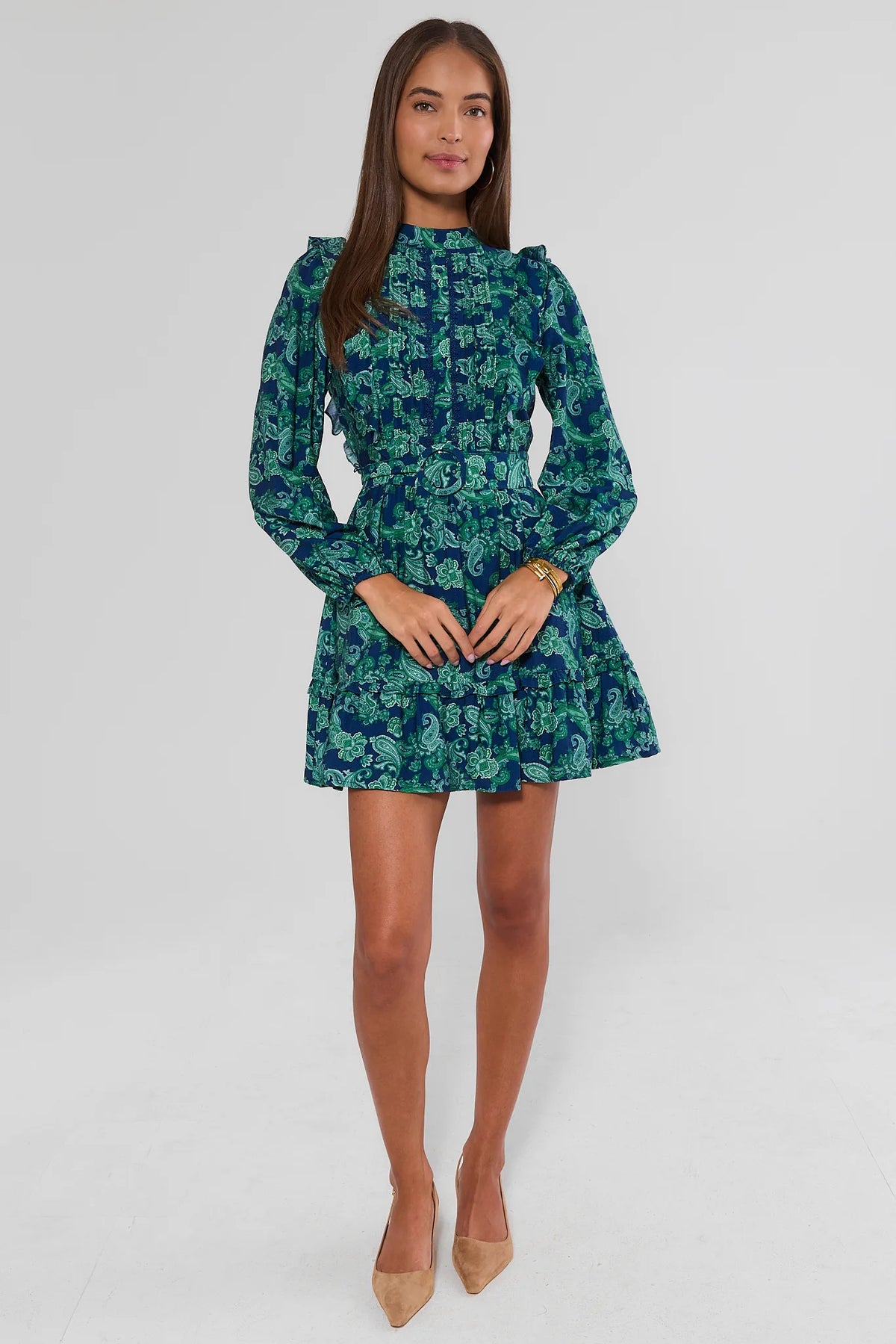 Blue Paisley Mini Dress - 3/4 Angle On Model Showing Ruffle Shoulder Detail | Avara