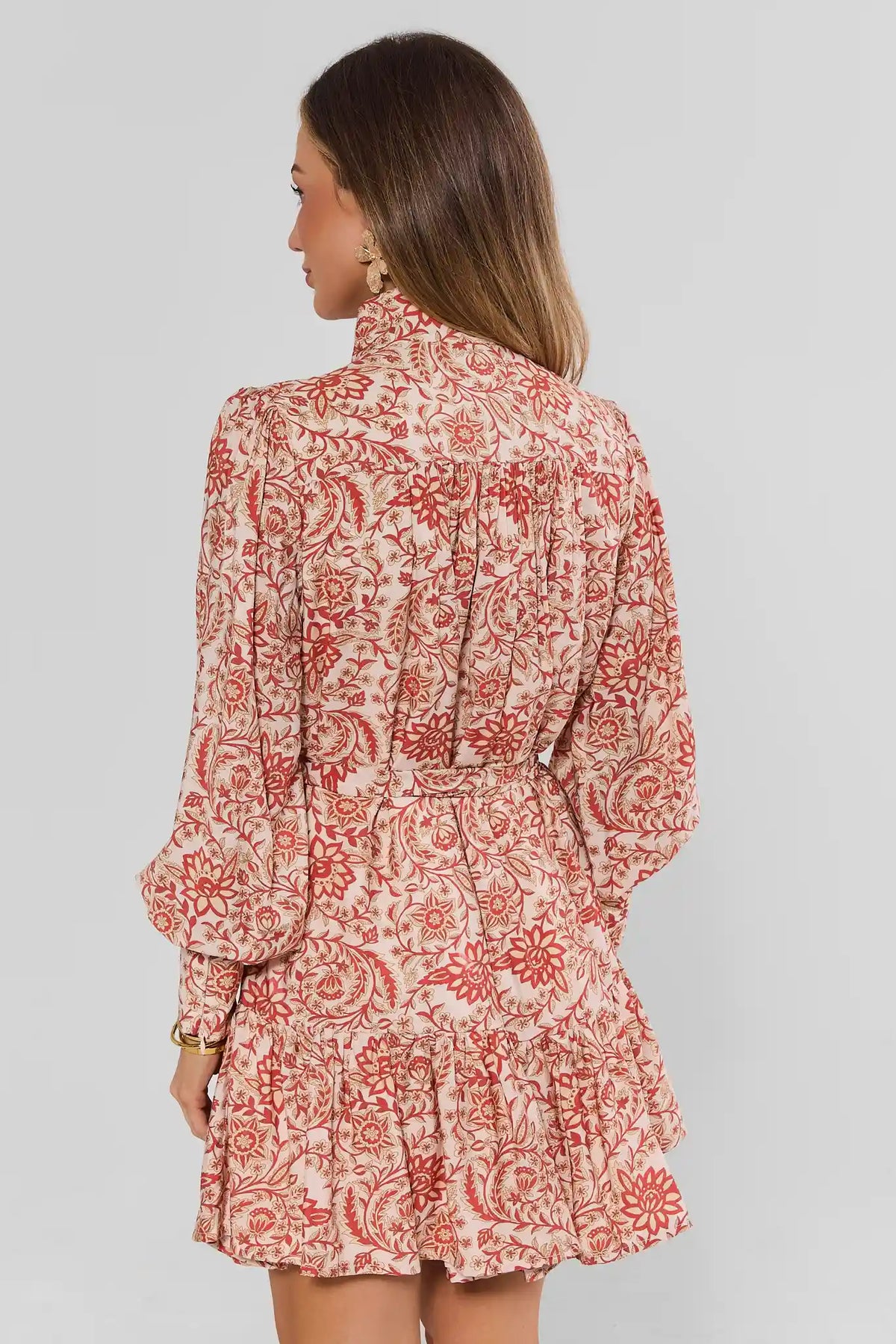 Orange Floral Tie Waist Short Dress - Back View On Model | Avara