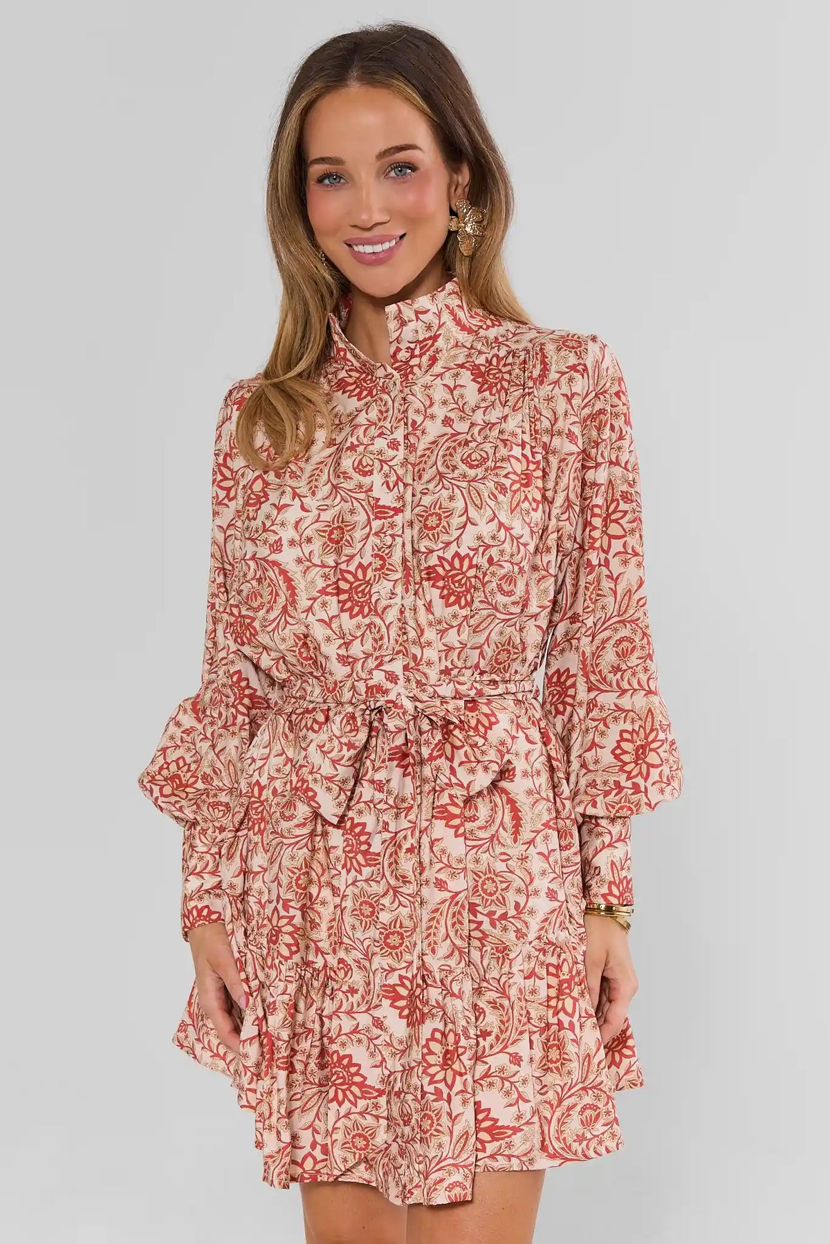 Orange Floral Tie Waist Short Dress - Front View On Model | Avara