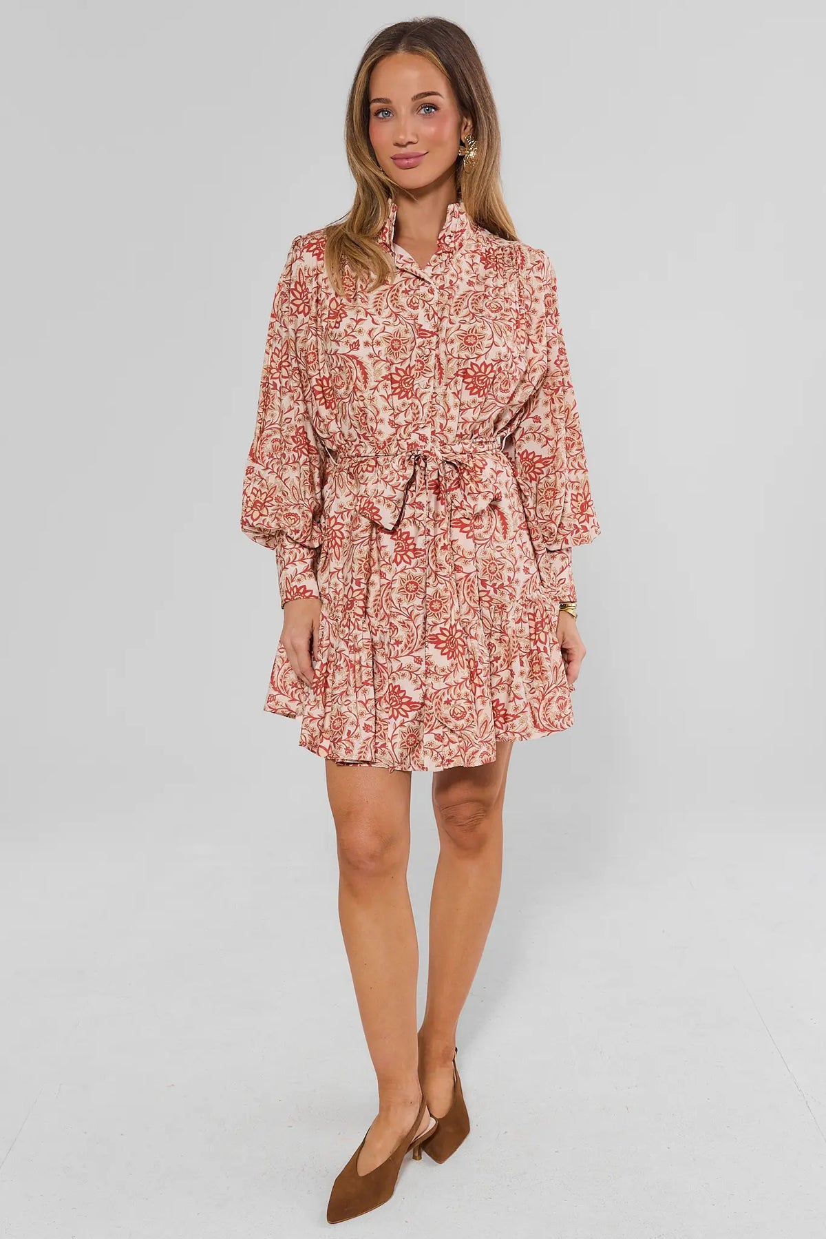 Orange Floral Tie Waist Short Dress - Full Length Front On Model | Avara