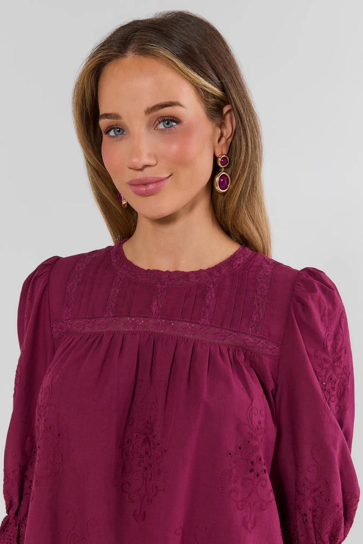 Burgundy Eyelet Detail Top - Close-Up Neckline & Lace Trim Detail | Avara