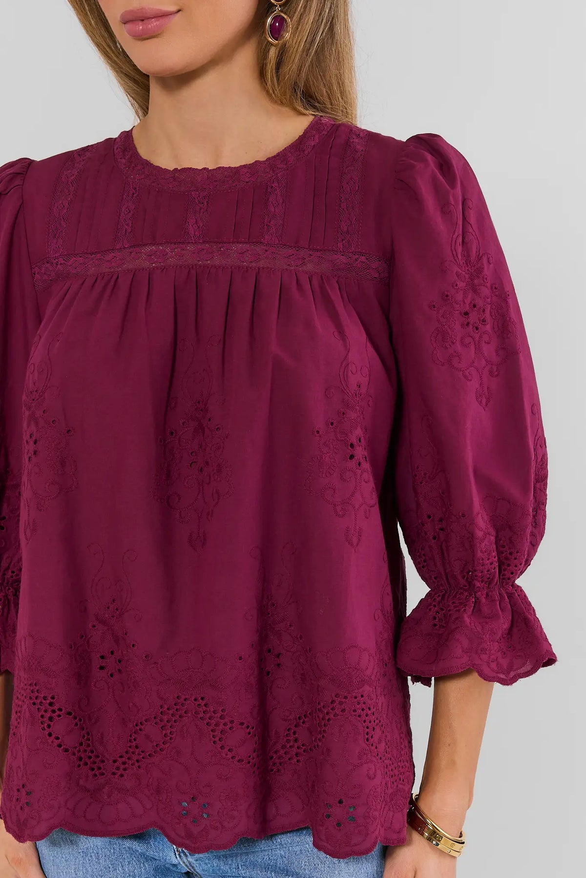 Burgundy Cotton Eyelet Top - Front Detail, Floral Embroidery & Ruffle Cuffs | Avara