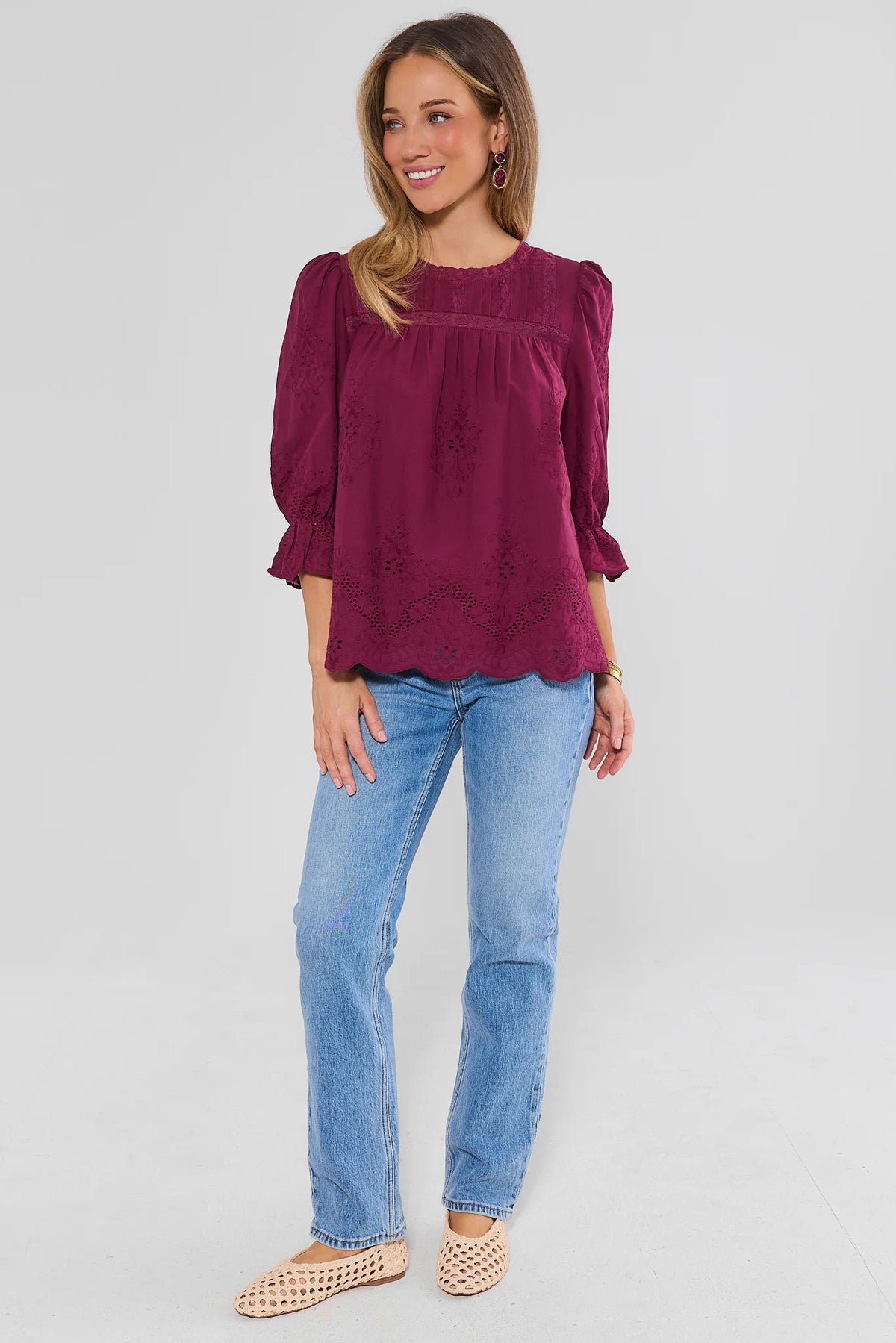 Burgundy Eyelet Top Styled with Blue Jeans - Full Length On Model | Avara
