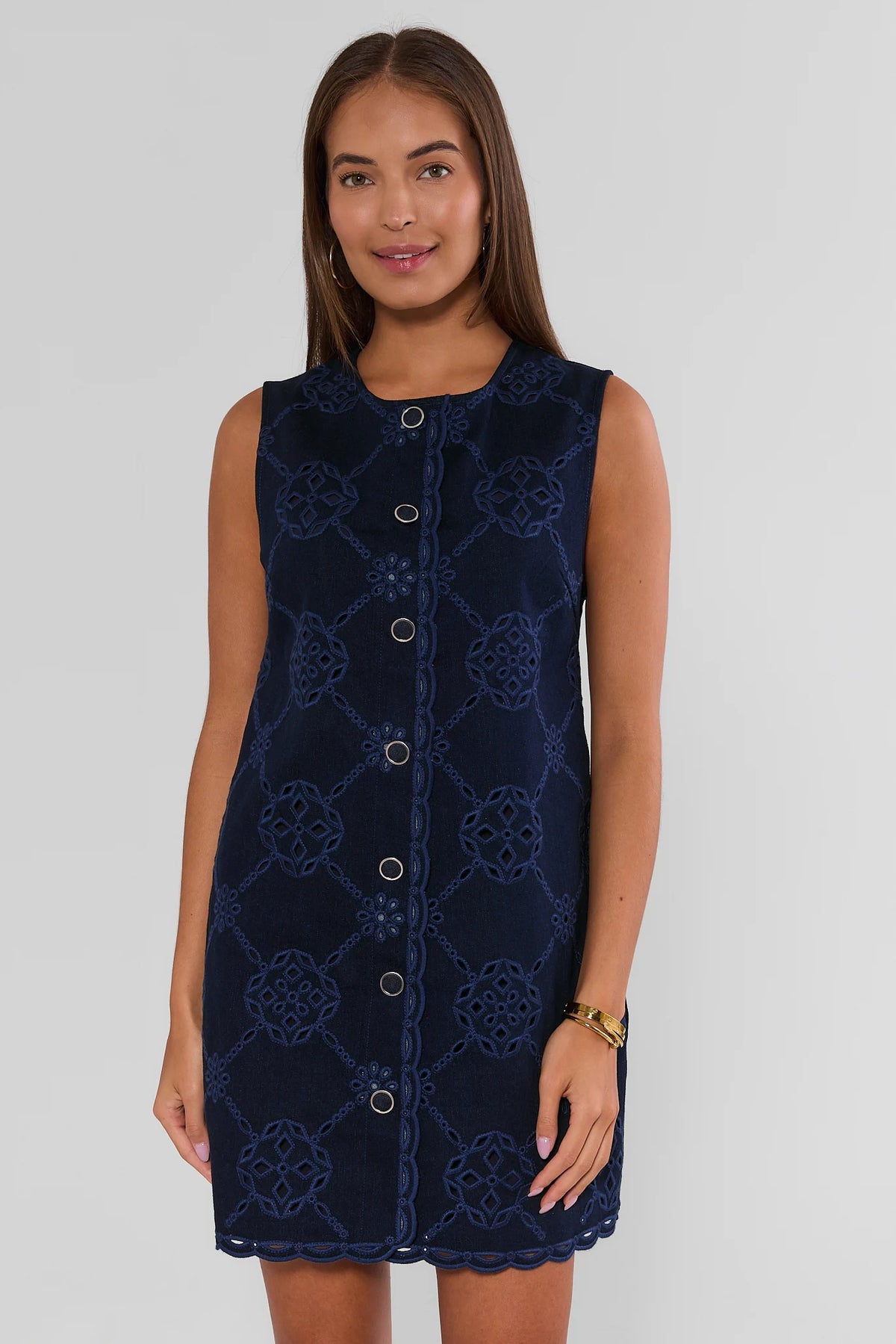 Navy Eyelet Button-Up Short Dress - Front View Full Length On Model | Avara