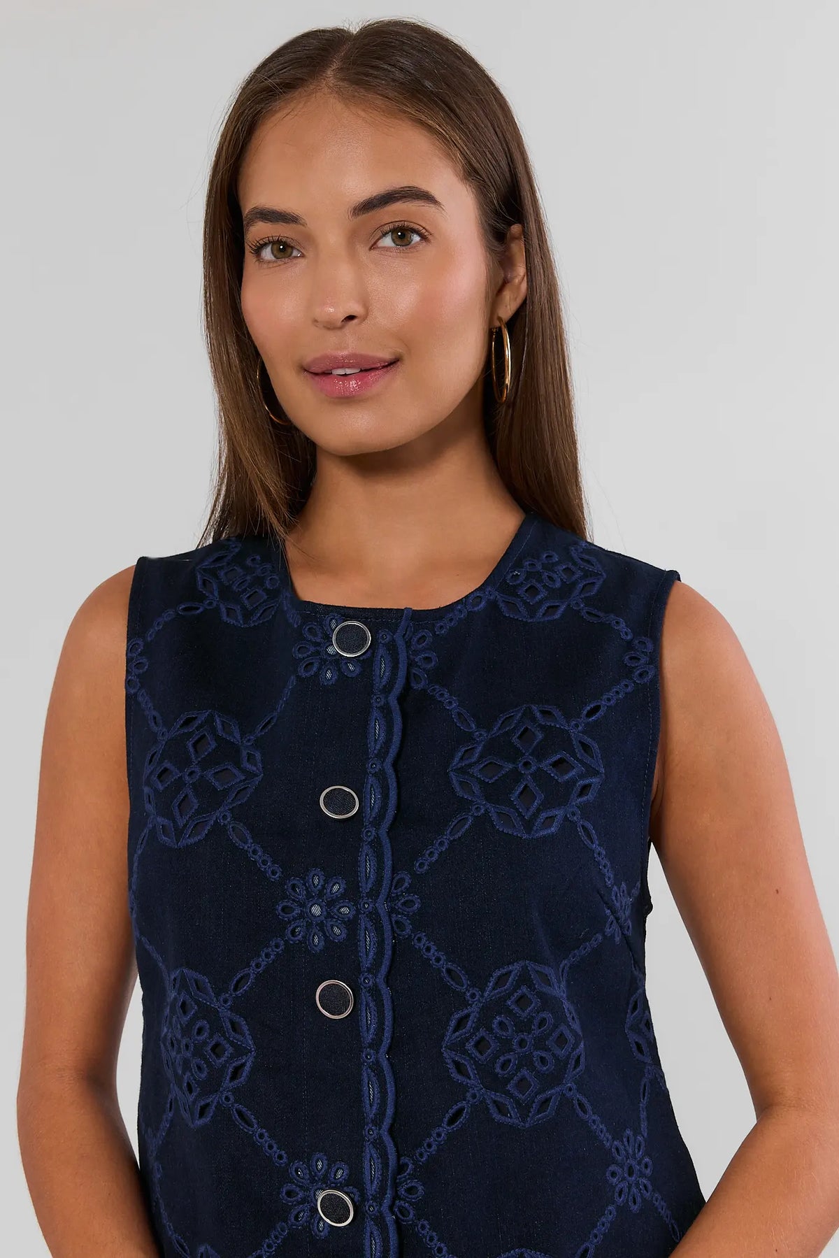 Navy Eyelet Button-Up Short Dress - Close-Up Neckline & Button Detail | Avara