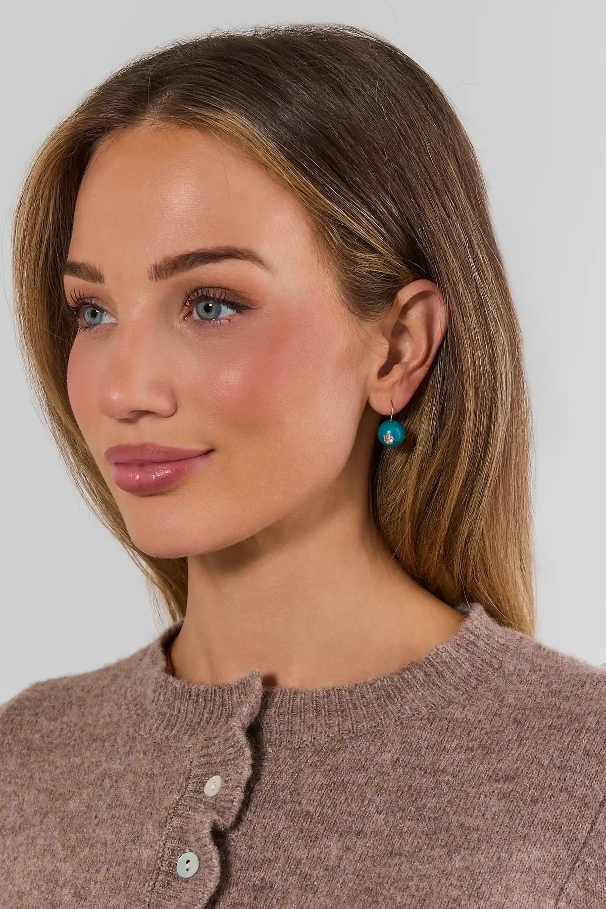Teal Circle Drop Earrings with Gold-Tone Hook on Model - Side View | Avara
