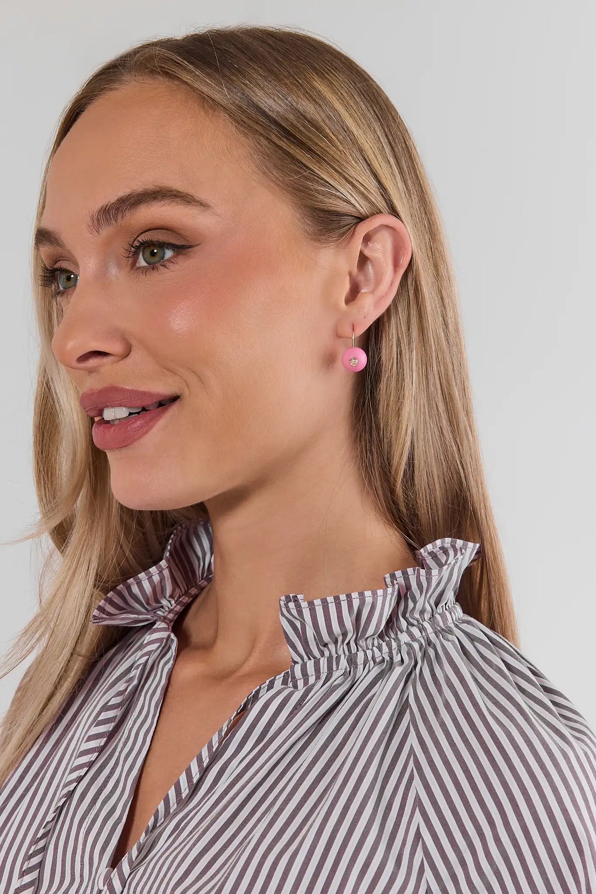 Pink Circle Drop Earrings with Gold-Tone Hook - On Model Side Profile | Avara