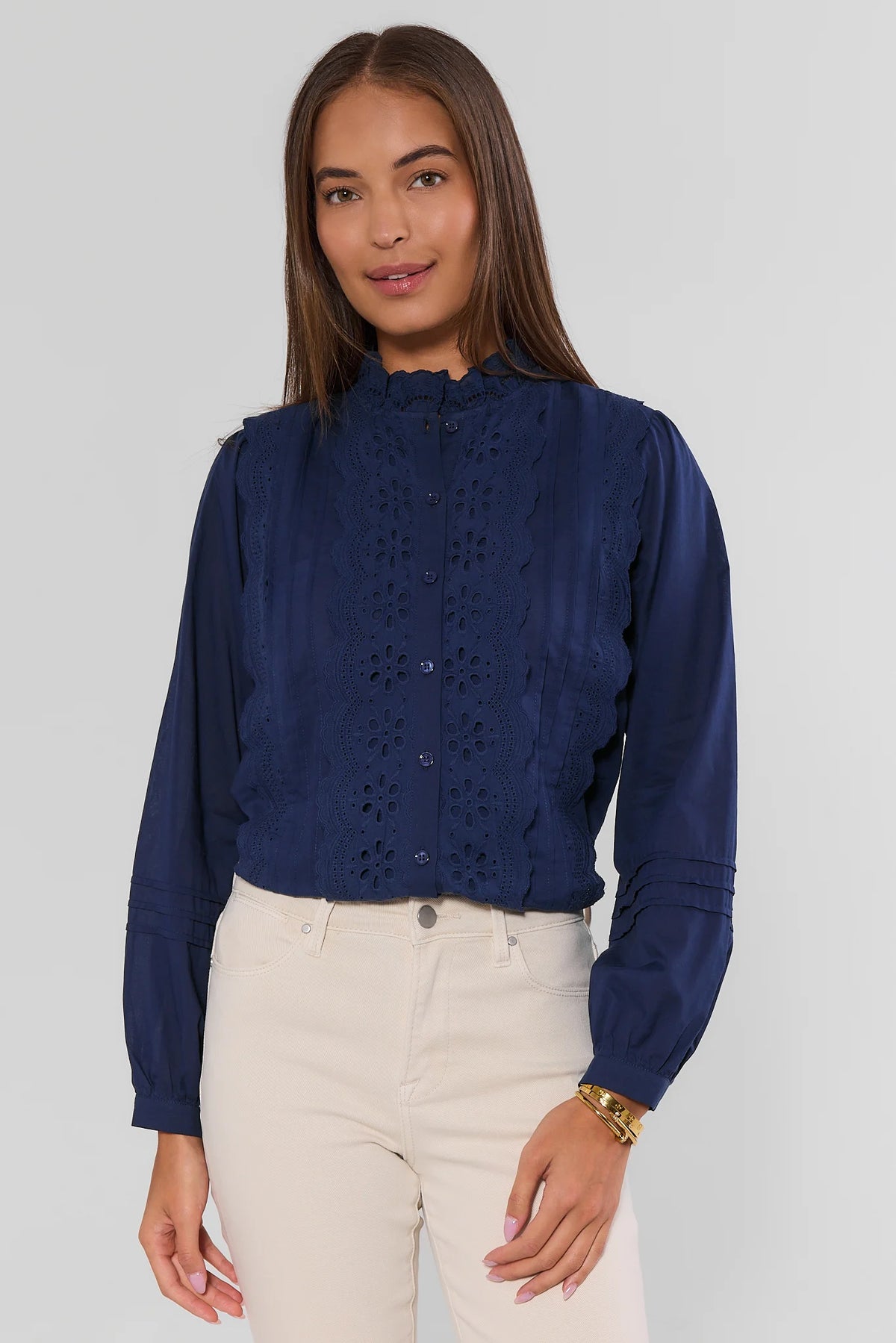 Navy Blue Eyelet Detail Button Up Top - Front View On Model | Avara