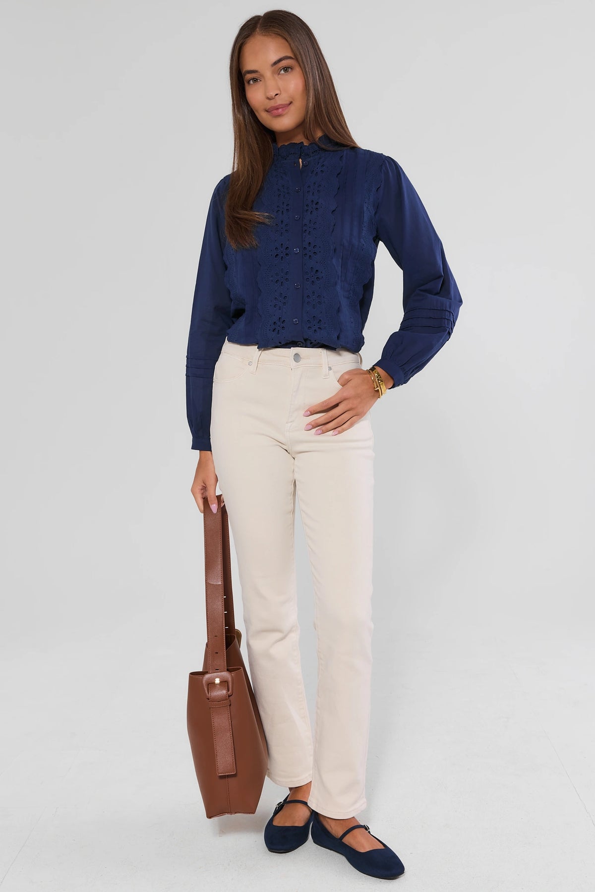 Navy Blue Eyelet Button Up Top - Full Length Styled Look with Cream Jeans | Avara