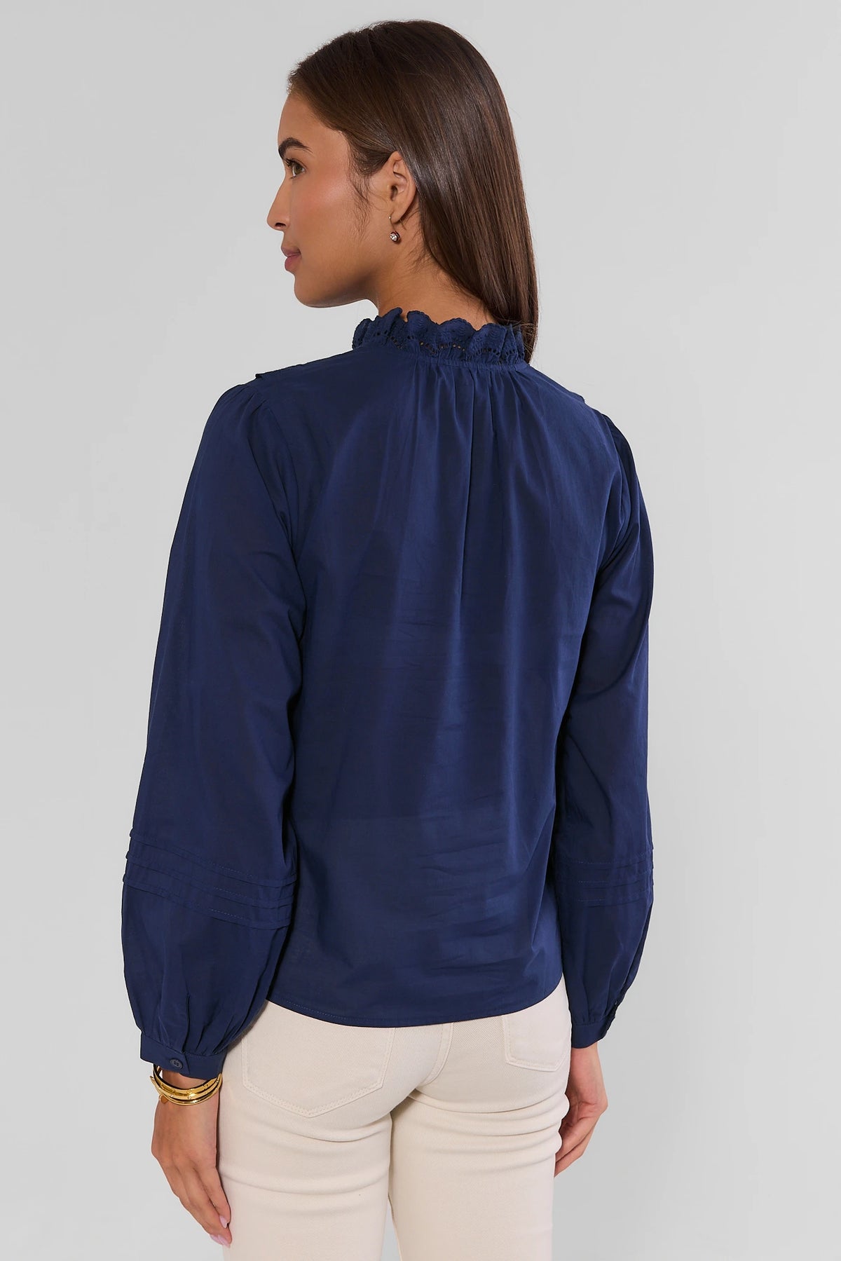 Navy Cotton Eyelet Button Up Top - Back View with Ruffle Collar Detail | Avara