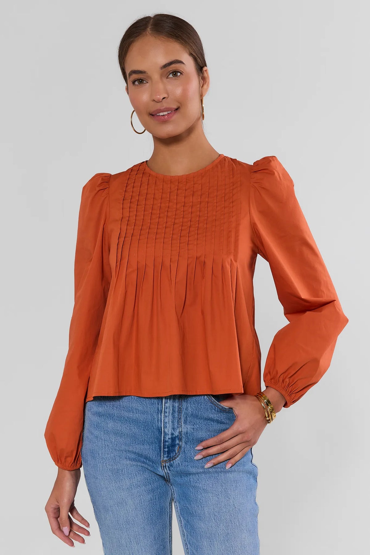 Orange Cotton Pleated Long Sleeve Top - Front View On Model | Avara