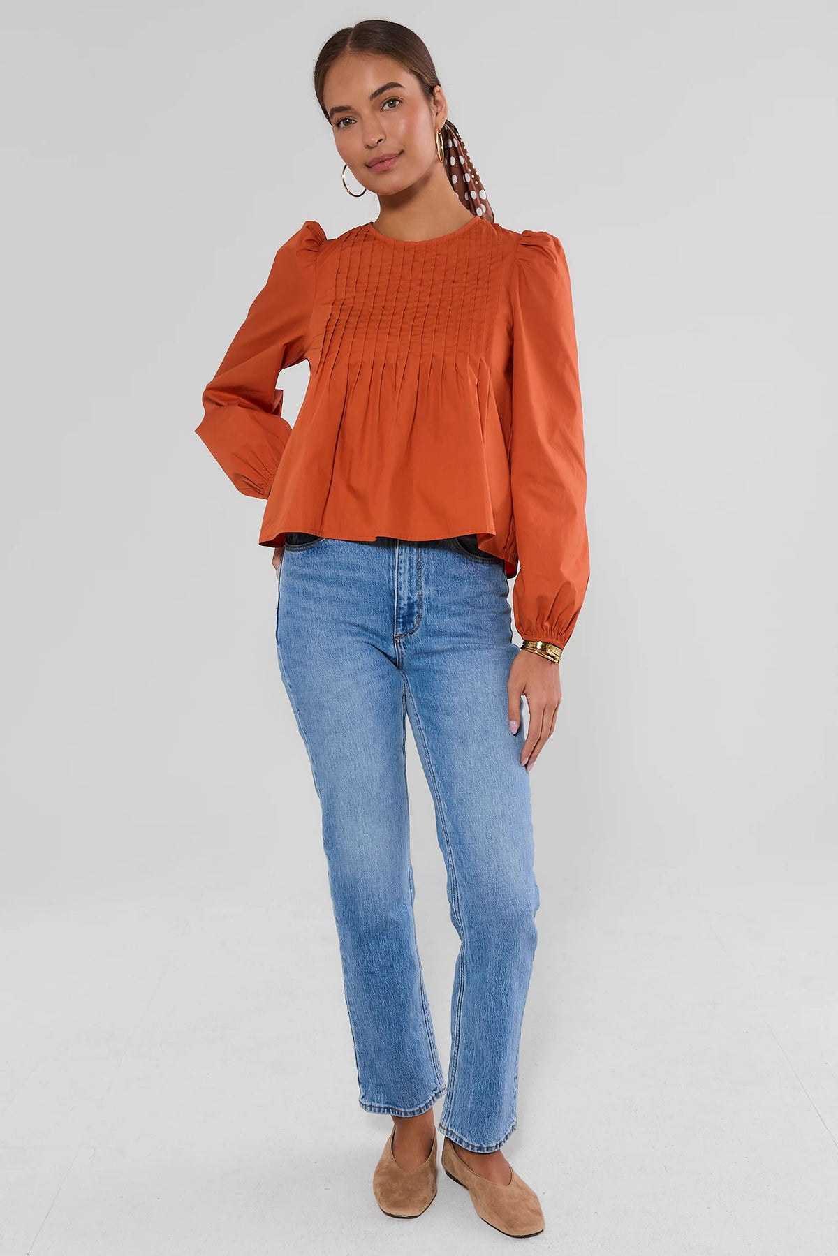 Orange Pleated Long Sleeve Top Styled with Jeans - Full Length On Model | Avara
