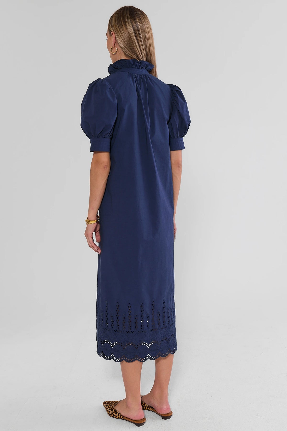 Navy Eyelet Trim Midi Dress Puff Sleeve - Back View On Model | Avara